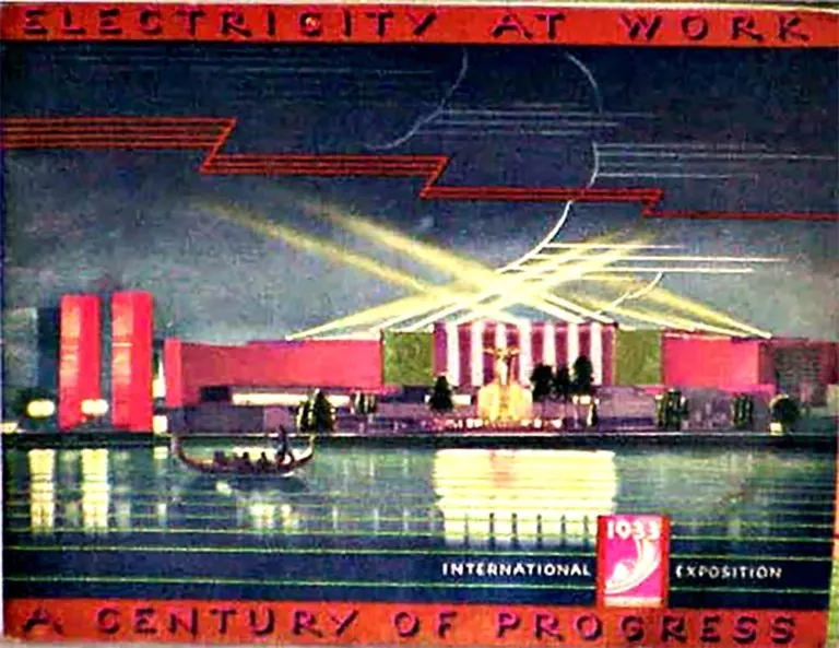 Vintage post card, of the Electrical Group Buildings, designed by Raymond Hood, with sculpture by Lee Lawrie and Ulrich Ellerhusen., Chicago · 1933