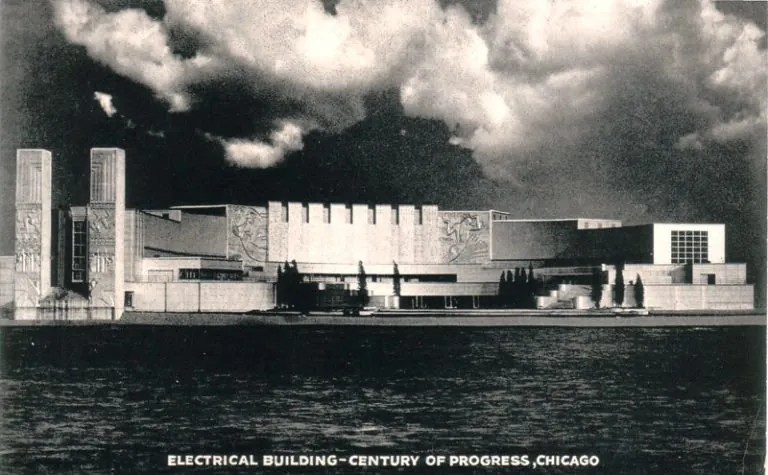 Vintage post card, of the Electrical Group Buildings, designed by Raymond Hood, with sculpture by Lee Lawrie and Ulrich Ellerhusen., Chicago · 1933