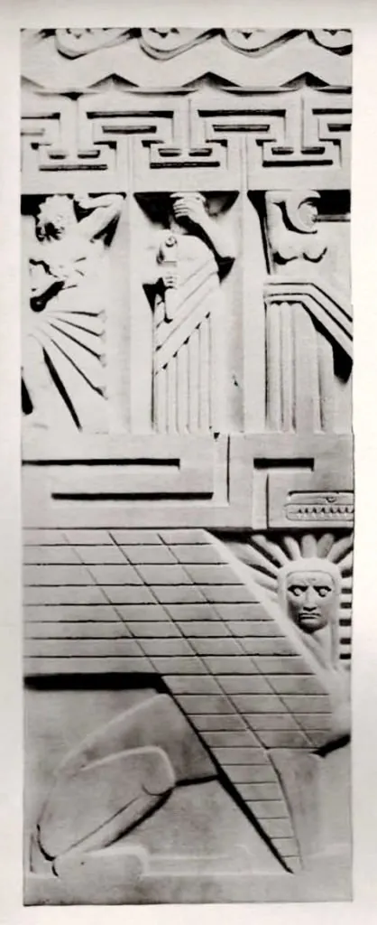 Detail of one of the Water Gate Pylons. These were at the Water Gate, where fairgoers could board electric-powered. boats and tour the lagoon., Chicago · 1933