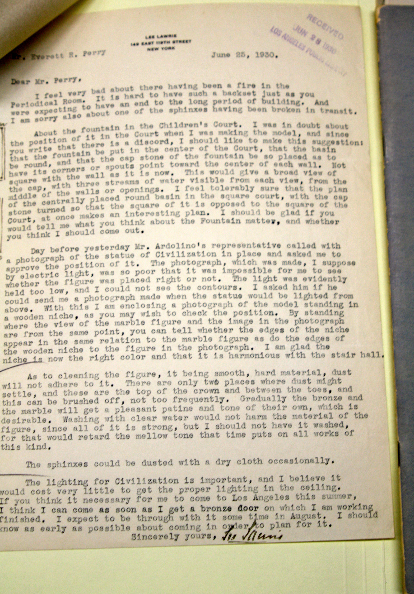 Letter to Librarian Everett Perry, Los Angeles Central Public Library · 1927