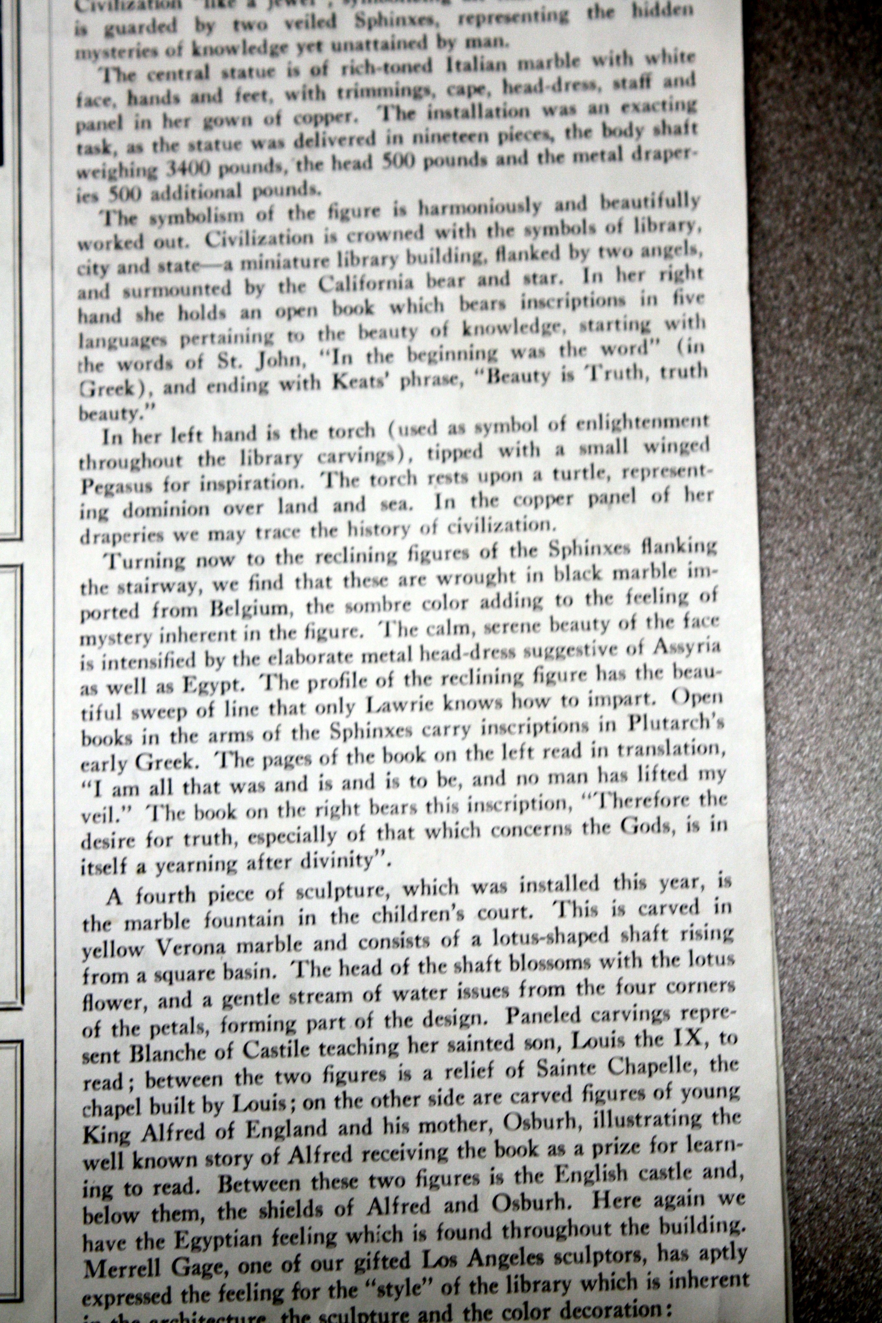 Archival document of Library publication explaining Civilization’s symbols, torch and Sphinxes, from Lee Lawrie’s Los Angeles Central Public Library · 1927 collection.
