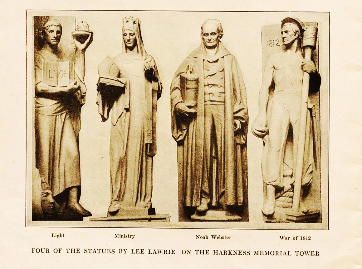 Photograph representing Yale. From approximately 1908 to 1918, Lee Lawrie taught sculpture at Yale’s School of Fine Arts. His work there includes Sterling Memorial Library, Harkness Memorial Quadrangle and Harkness Tower.