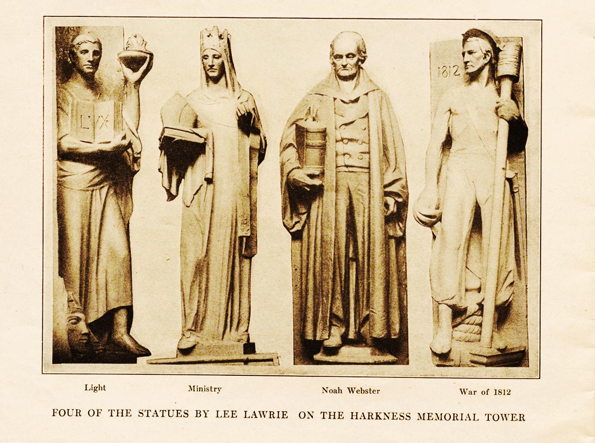Photograph of Harkness Tower. Yale’s carillon tower, designed by James Gamble Rogers circa 1930, with figures created by Lee Lawrie.