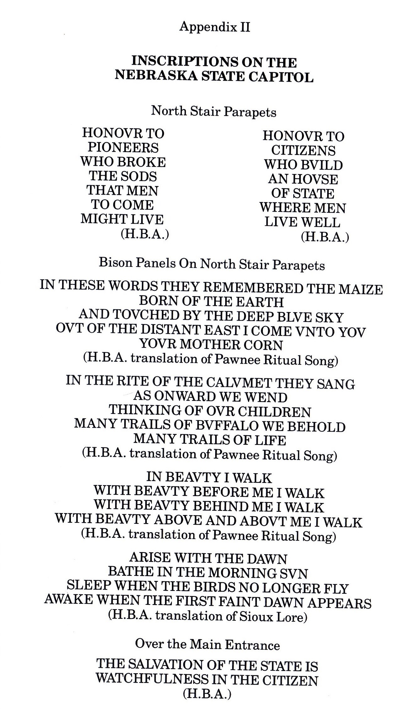 Archival document of Appendix II: Inscriptions on the Nebraska State Capitol, from Lee Lawrie’s Nebraska State Capitol collection.