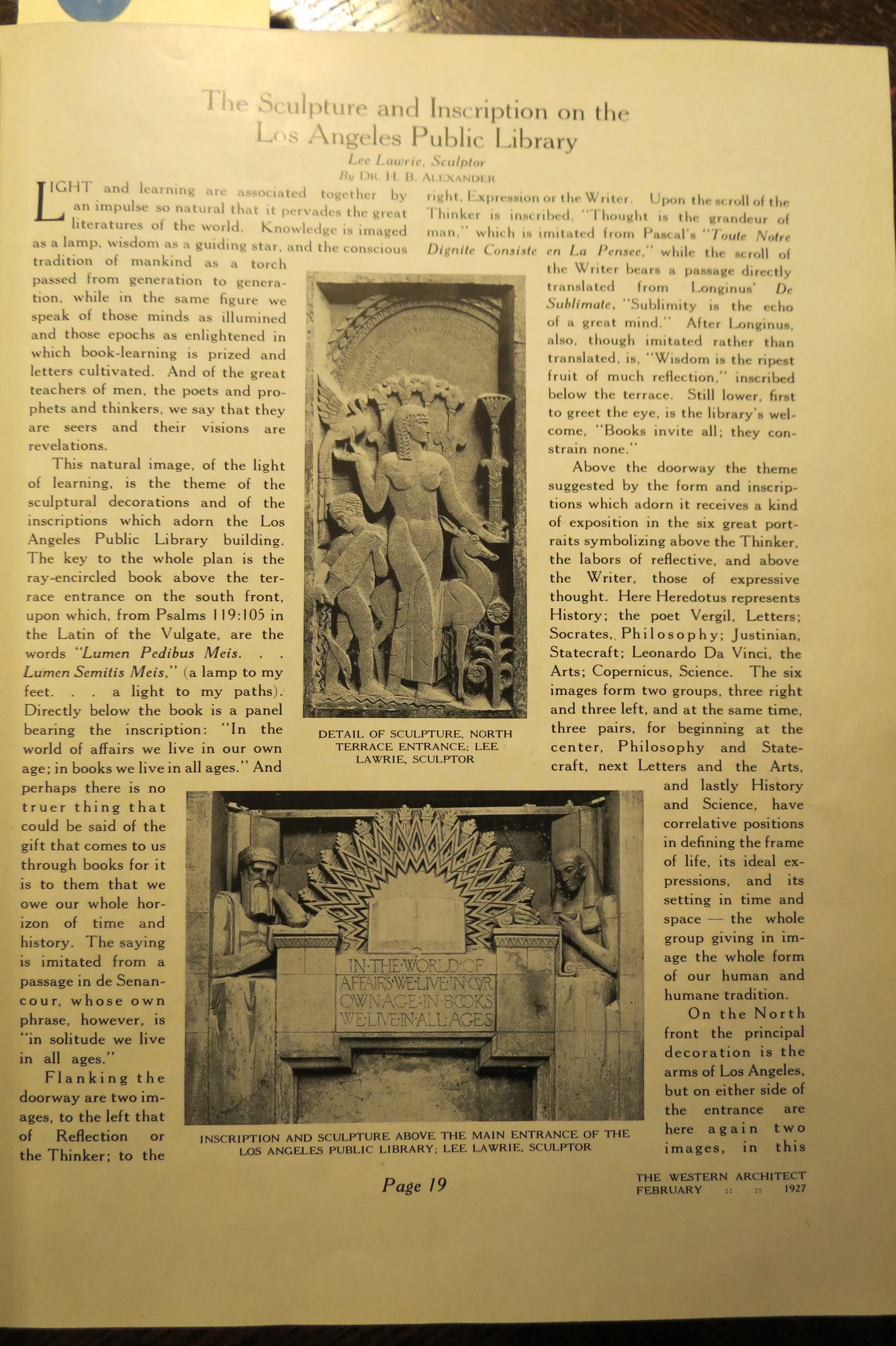 The sculpture and inscription on the Los Angeles Public Library, Los Angeles Public Library