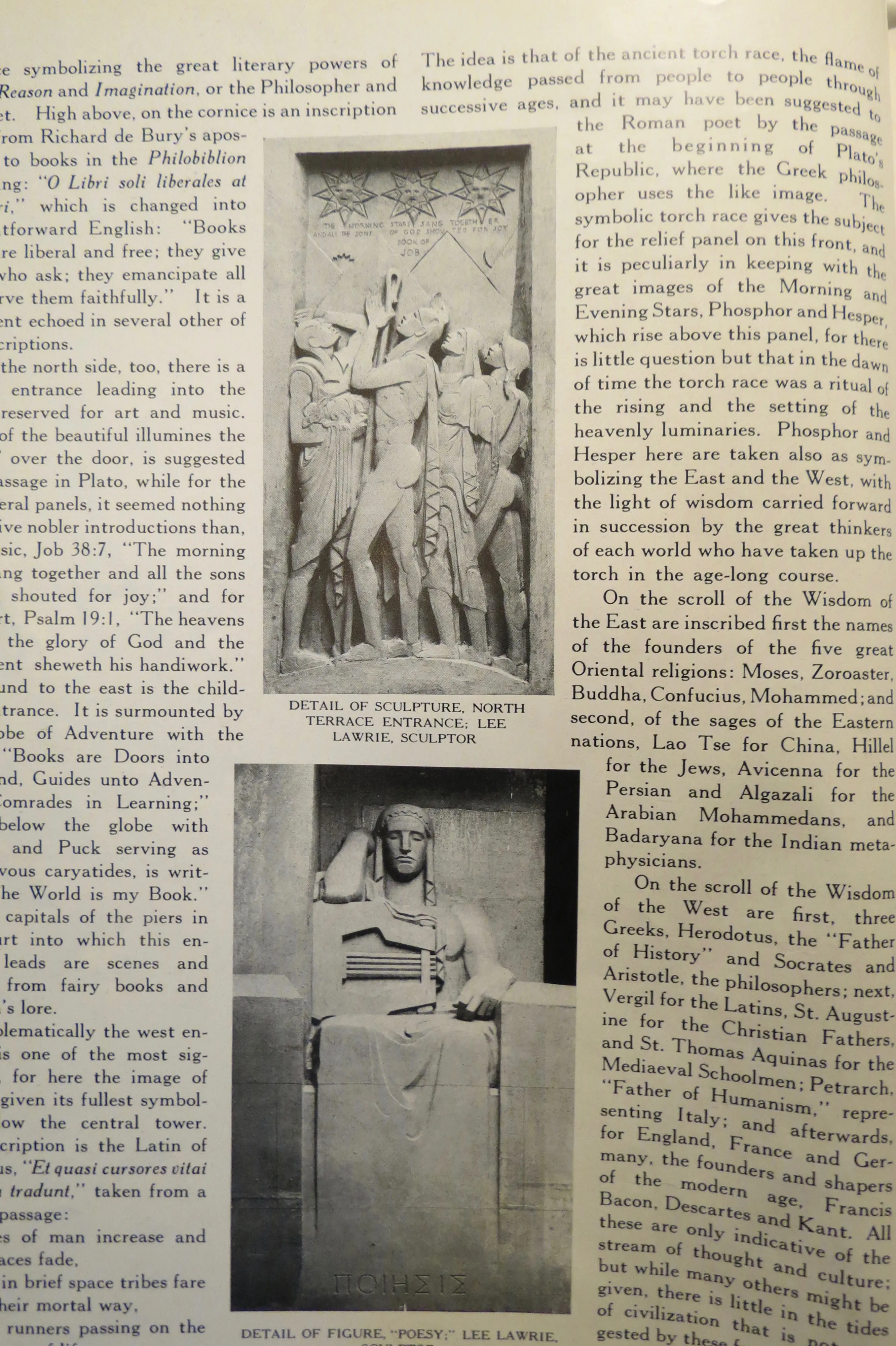 Exterior sculpture reference with figure details, Los Angeles Public Library