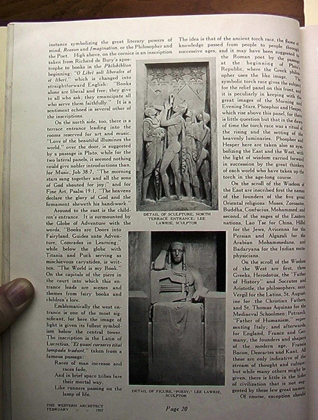 Archival document of Poesy in The Western Architect, 1927, A page photographed by the author in 2005, showing the Poet identified as “Poesy” in a 1927 discussion of the Library’s sculpture., from Lee Lawrie’s Los Angeles, California collection.