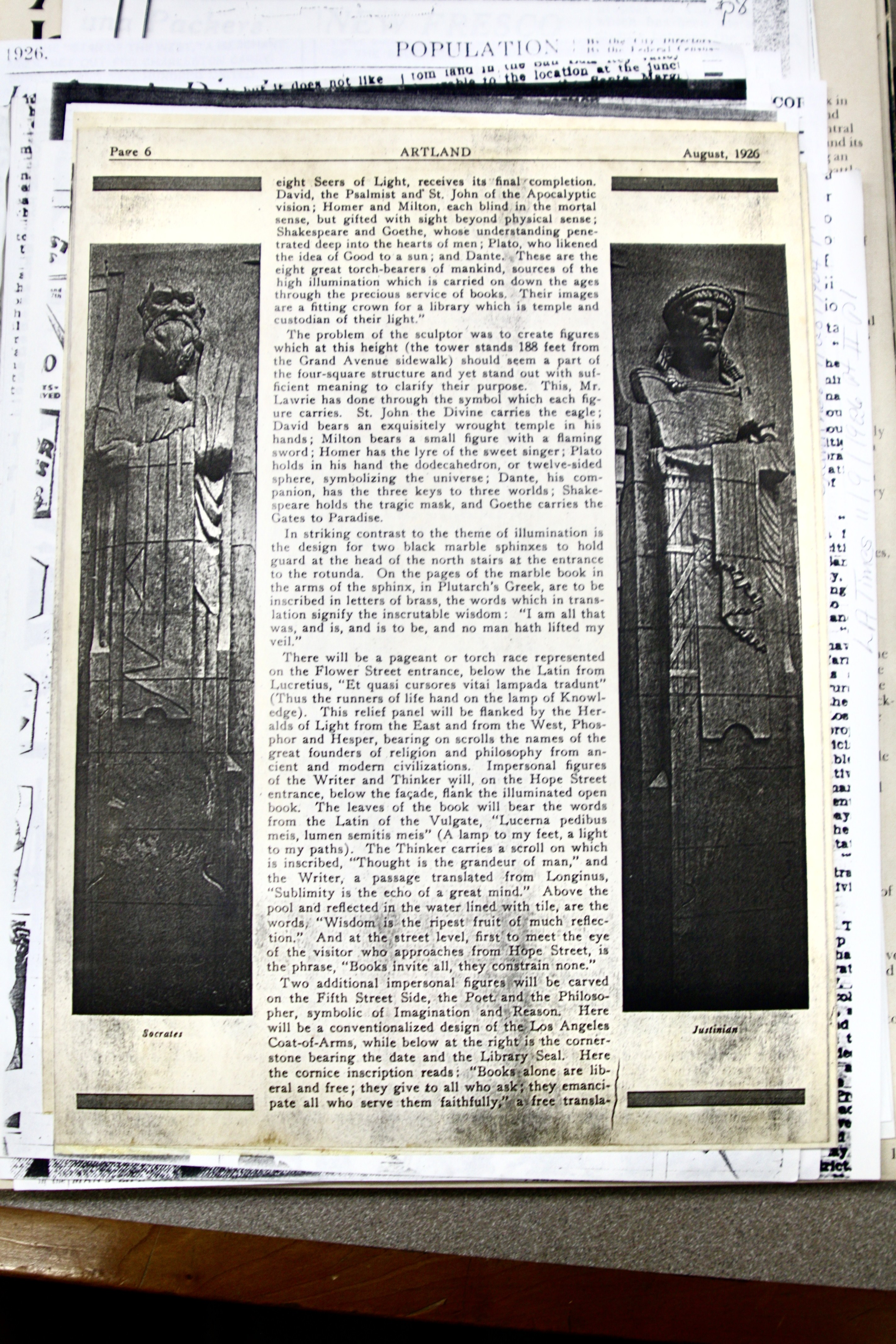 Archival document of Artland, August 1926, on the Los Angeles Public Library’s sculptural programme, from Lee Lawrie’s Los Angeles, California collection.