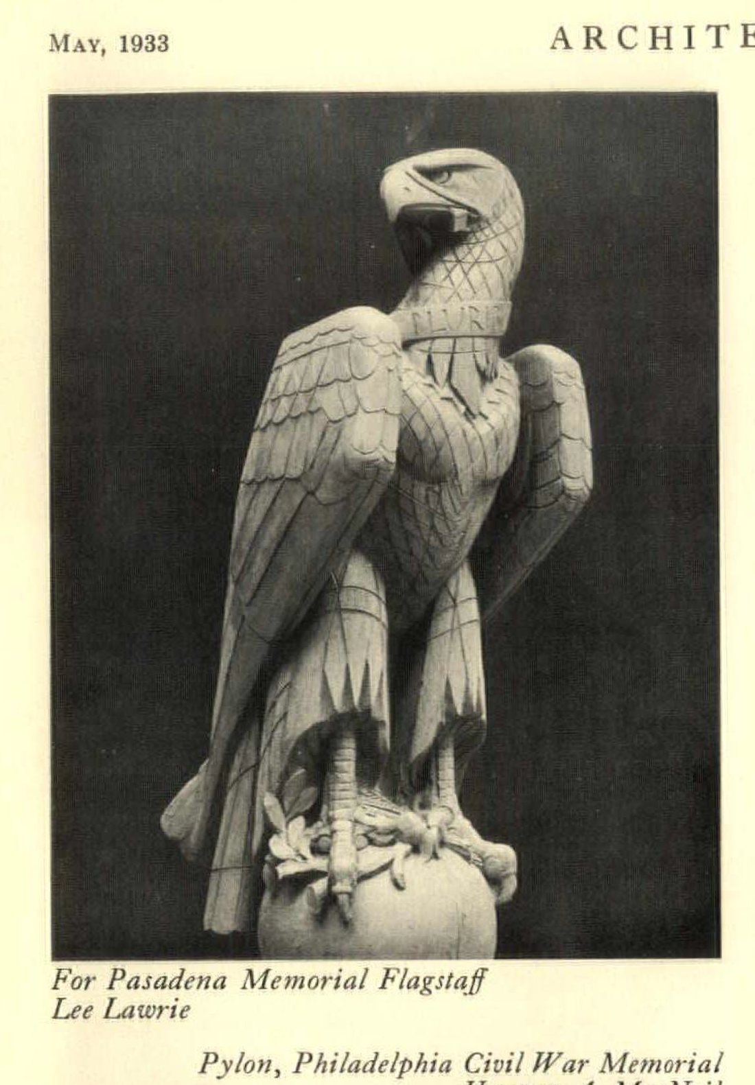 Pylon eagle for the Pasadena Memorial Flagstaff, Civic, educational & memorial sculpture
