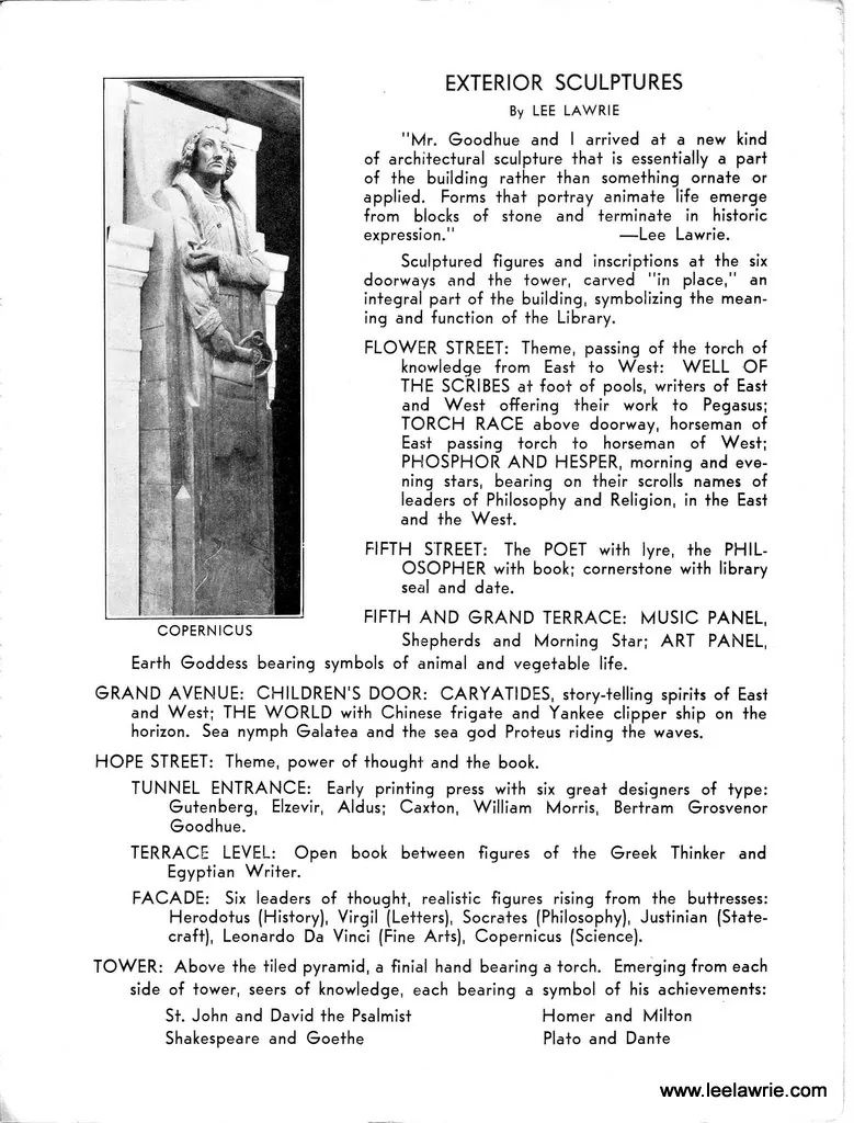 Historic reference page titled “Exterior Sculptures by Lee Lawrie,” with a photograph of Copernicus and a list of the Los Angeles Public Library’s sculptural programme.