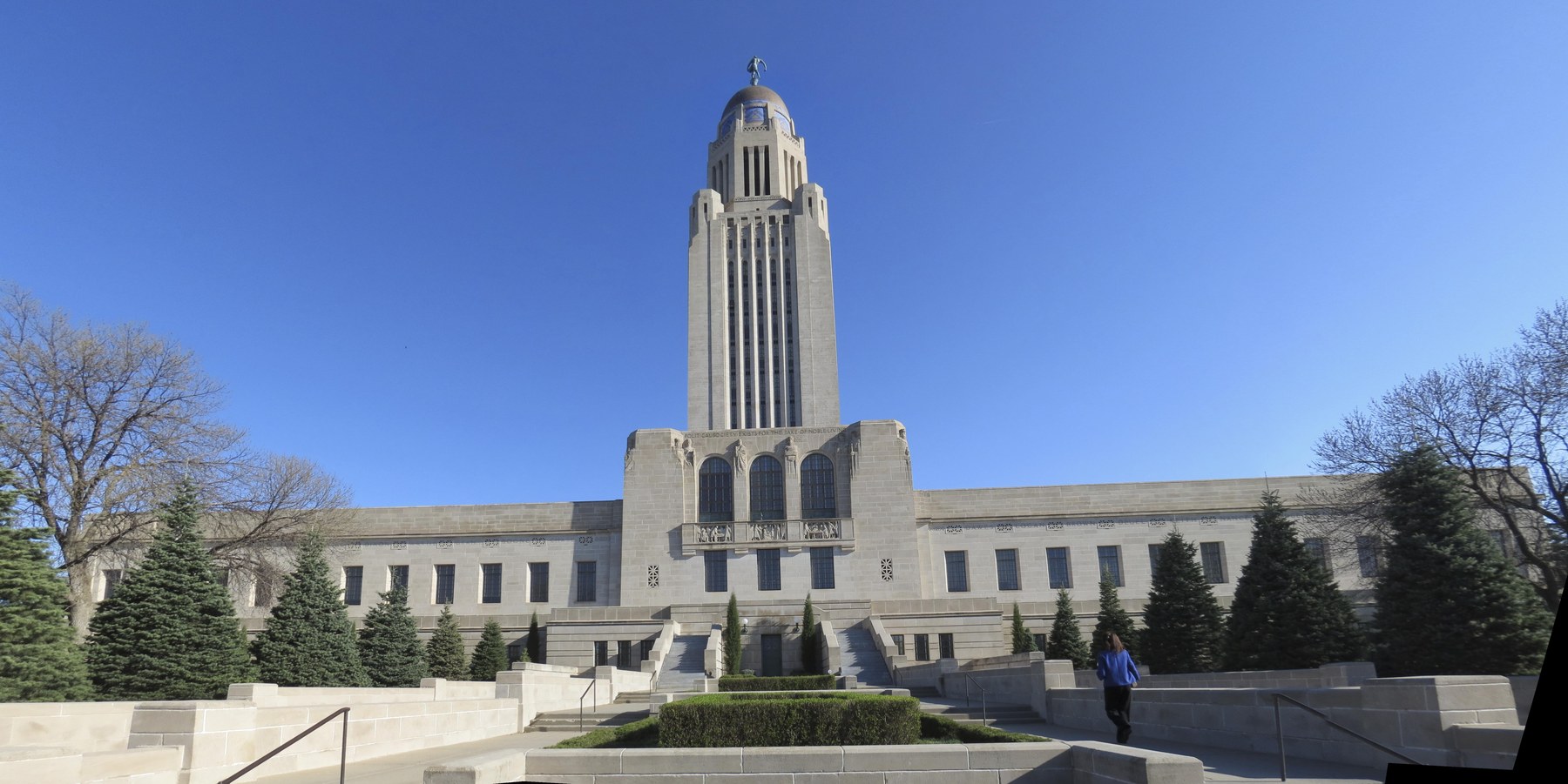 Photograph of Nebraska State Capitol, looking north, High-resolution image, 7,168 × 3,588 pixels., from Lee Lawrie’s Nebraska State Capitol · Lincoln, Nebraska collection.