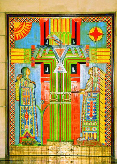 Photograph of “The Red Man’s Tree of Life”. Doors leading to the former House Chamber, now known as the Warner Chamber, at the Nebraska State Capitol.