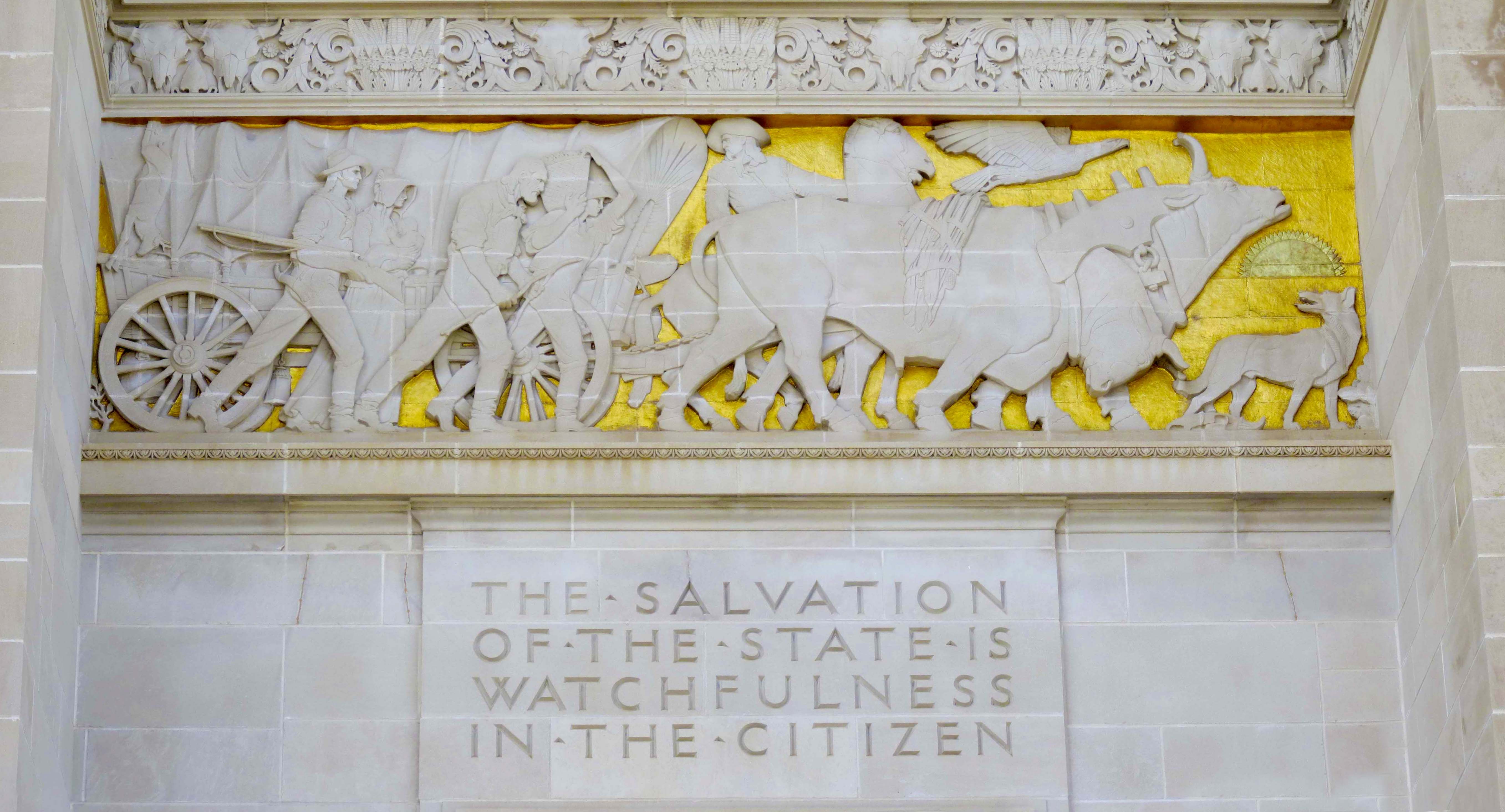 Photograph of Pioneer Panel, from Lee Lawrie’s Nebraska State Capitol · Lincoln, Nebraska collection.