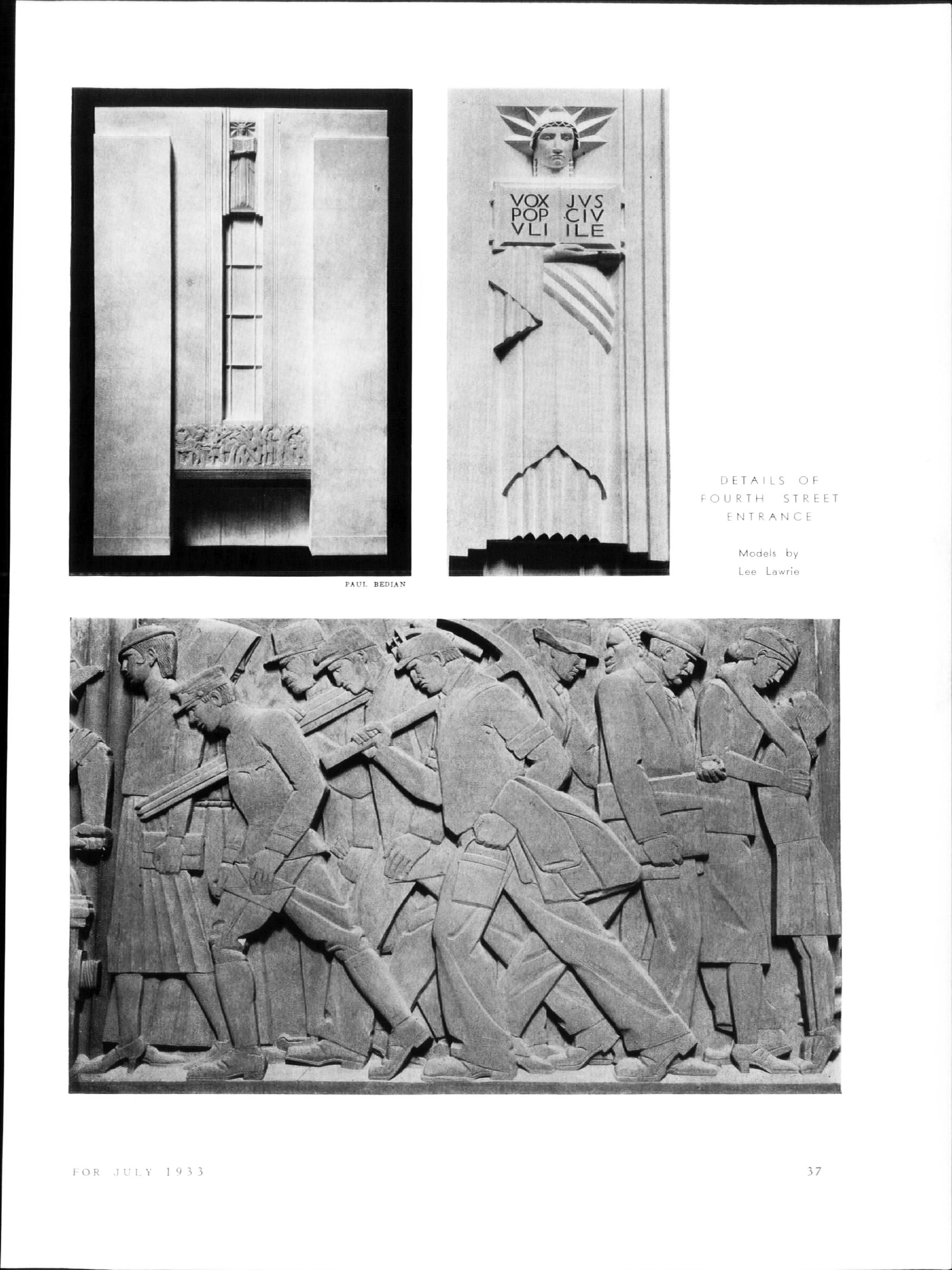 American Architect feature page with relief and elevator-door detail, American Architect · July 1933