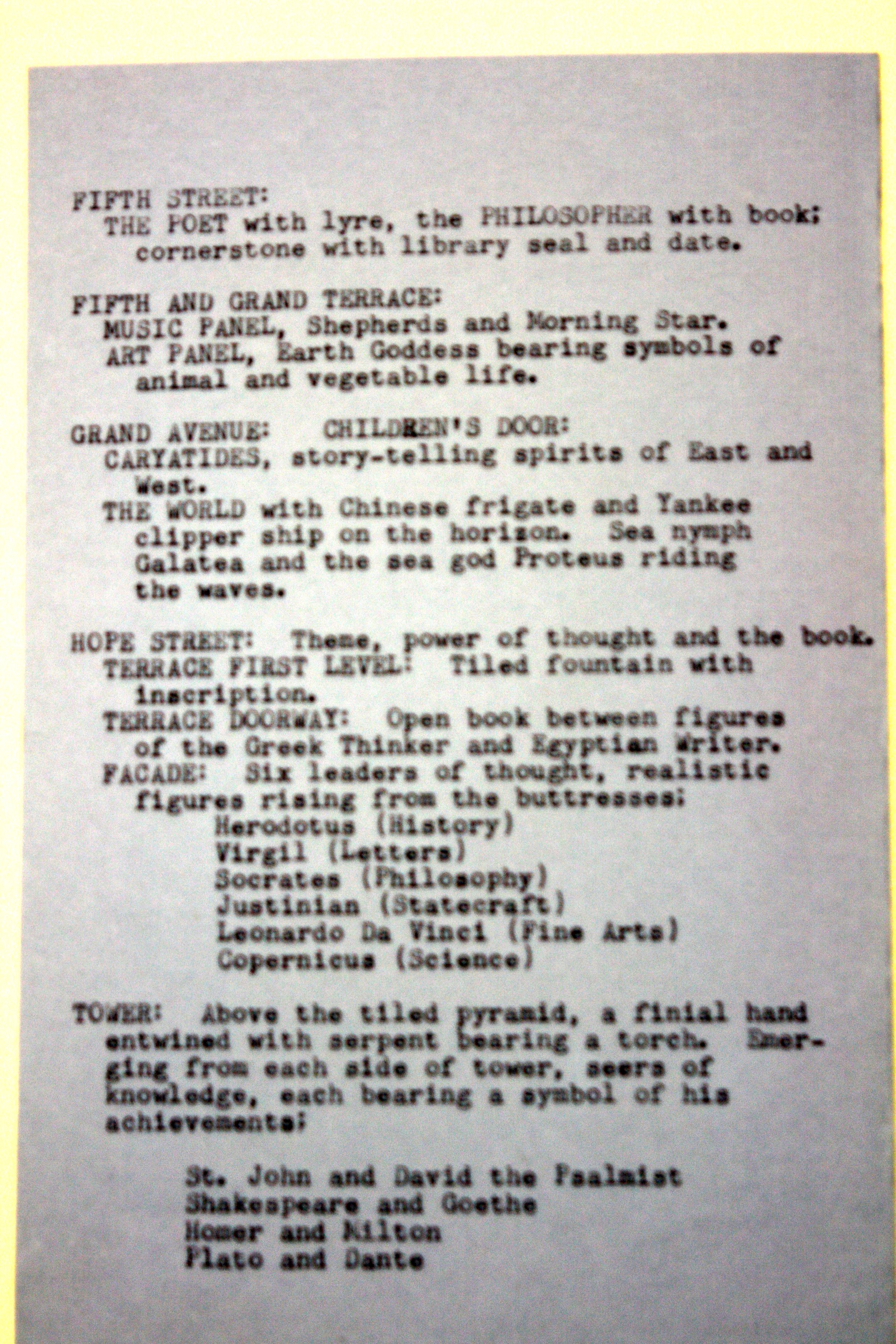 Description of the tower figures: “The seers of knowledge”, Los Angeles Public Library Tower