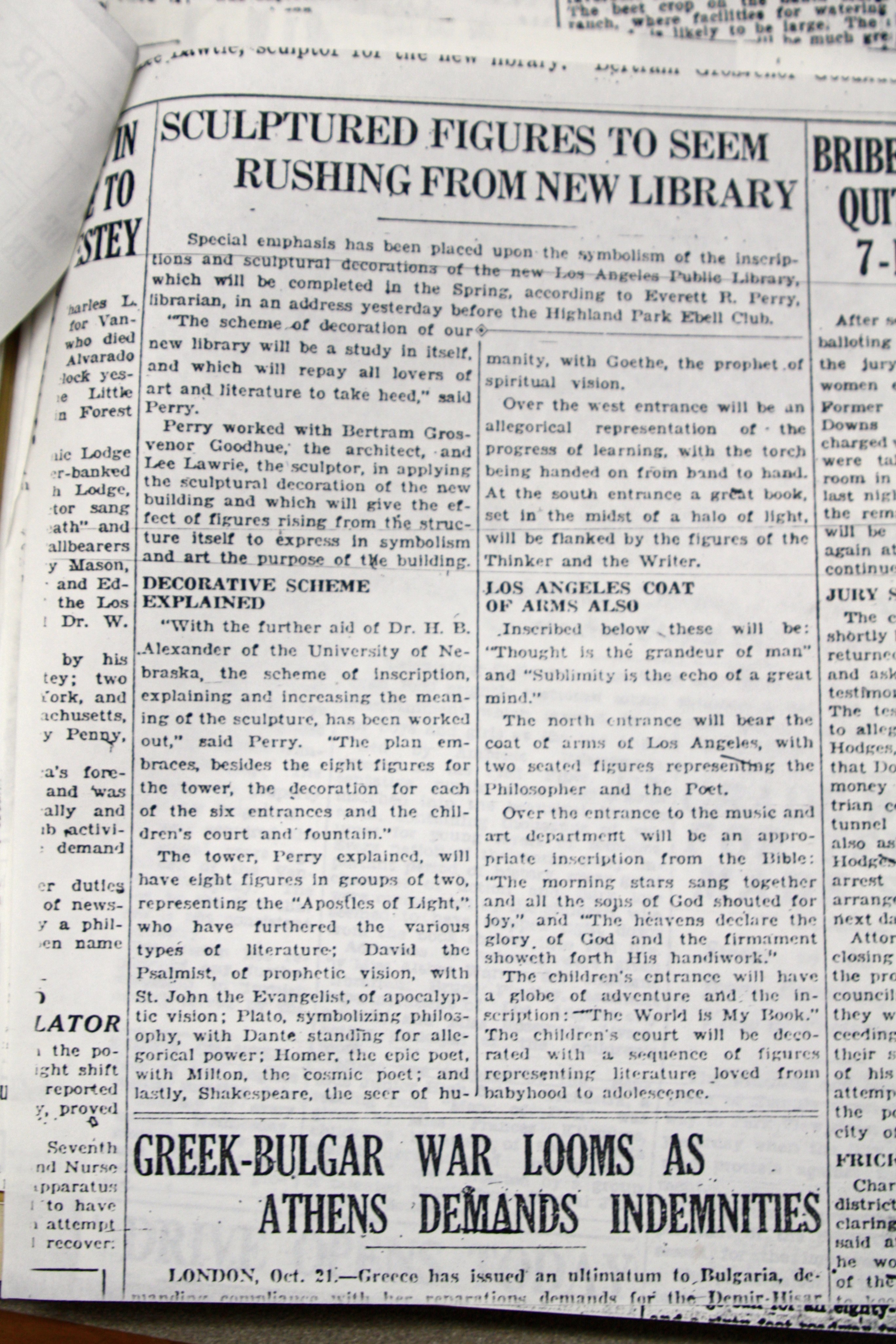 Archival document of Contemporary newspaper report on the Library’s “Apostles of Light”, from Lee Lawrie’s Los Angeles Public Library Tower collection.