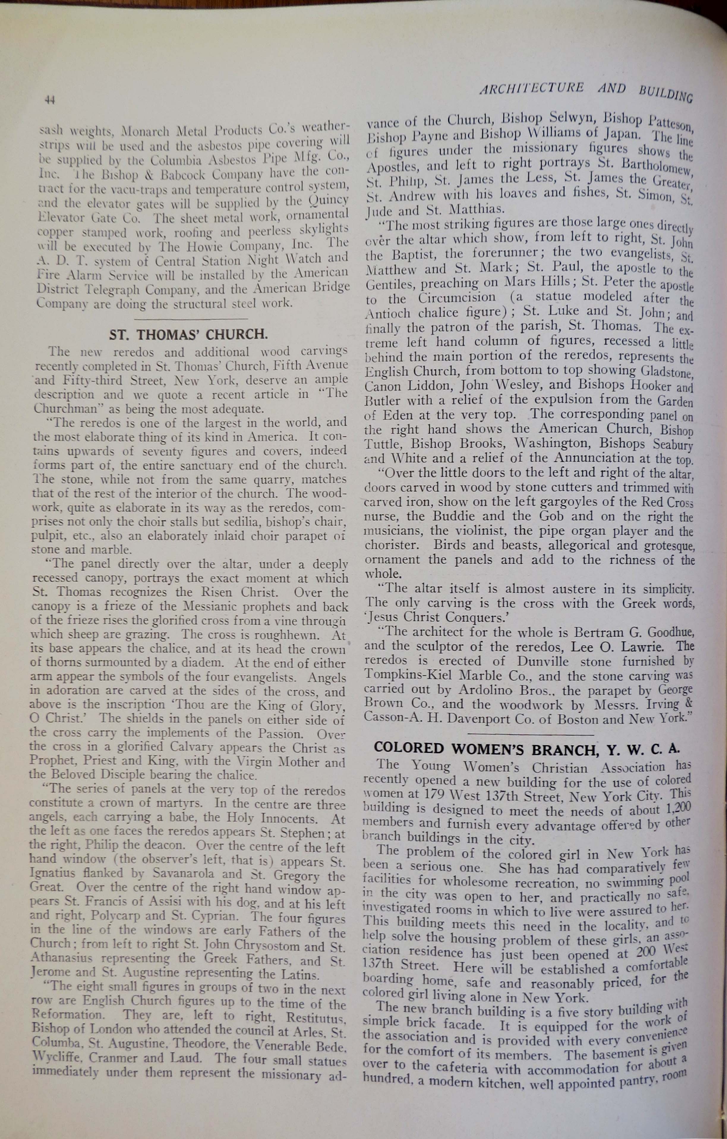 Published page identifying the figures in the St. Thomas Episcopal Church reredos