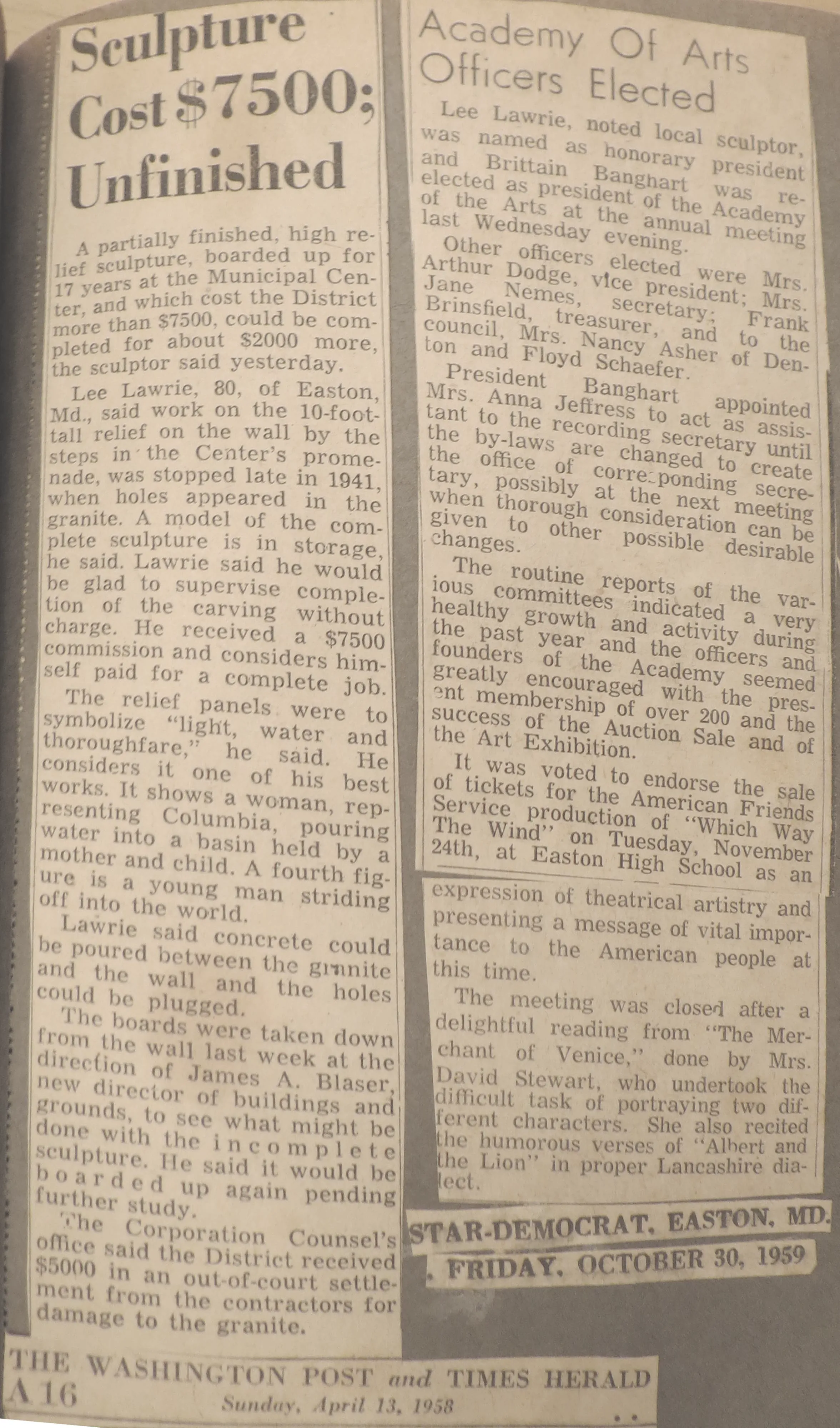 Archival document of “Sculpture Cost $7500; Unfinished”, Easton Star-Democrat clipping, October 30, 1959, reporting on Lawrie’s unfinished relief for Washington’s Municipal Center. The article describes panels symbolising “light, water and thoroughfare.”, from Lee Lawrie’s Municipal Police Station · Washington, D.C. collection.