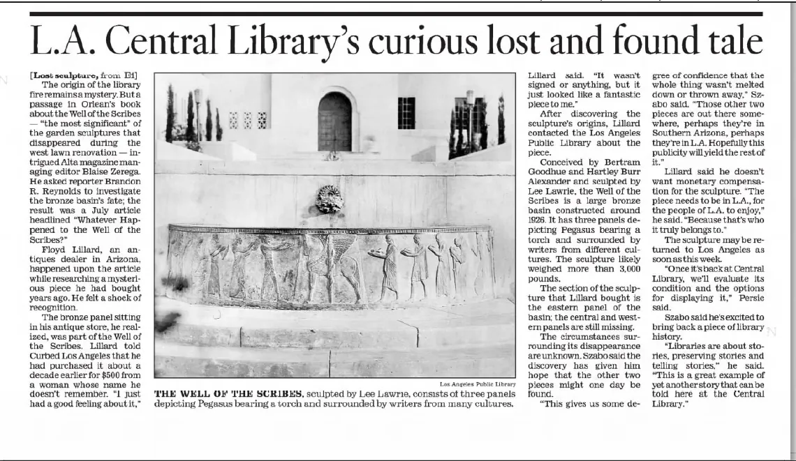 Newspaper clipping on The Well of Scribes, Los Angeles Central Public Library