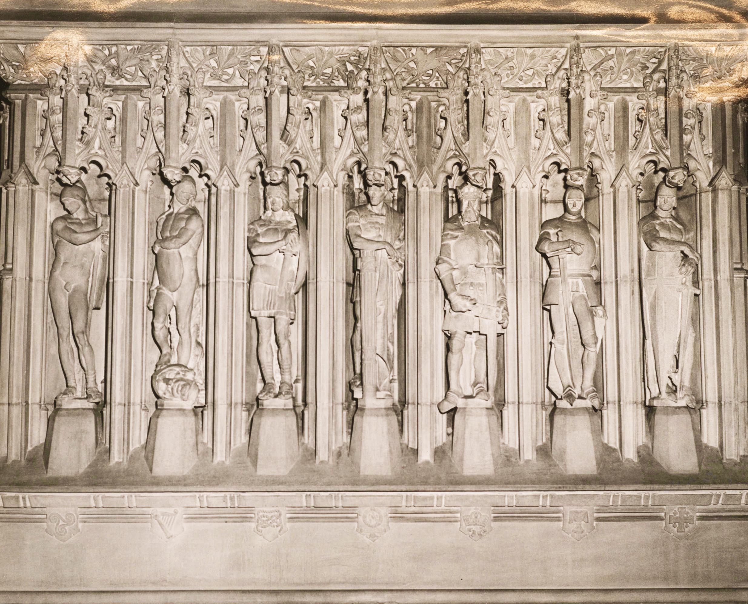 Cadet figures above the fireplace at the United States Military Academy at West Point