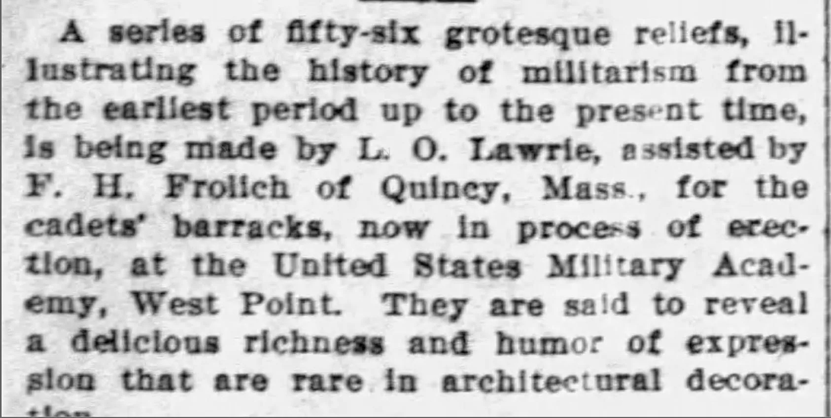 Archival document of Buffalo Commercial report on the cadet-barracks grotesques, 1906, from Lee Lawrie’s West Point, New York · 1903–1910 collection.