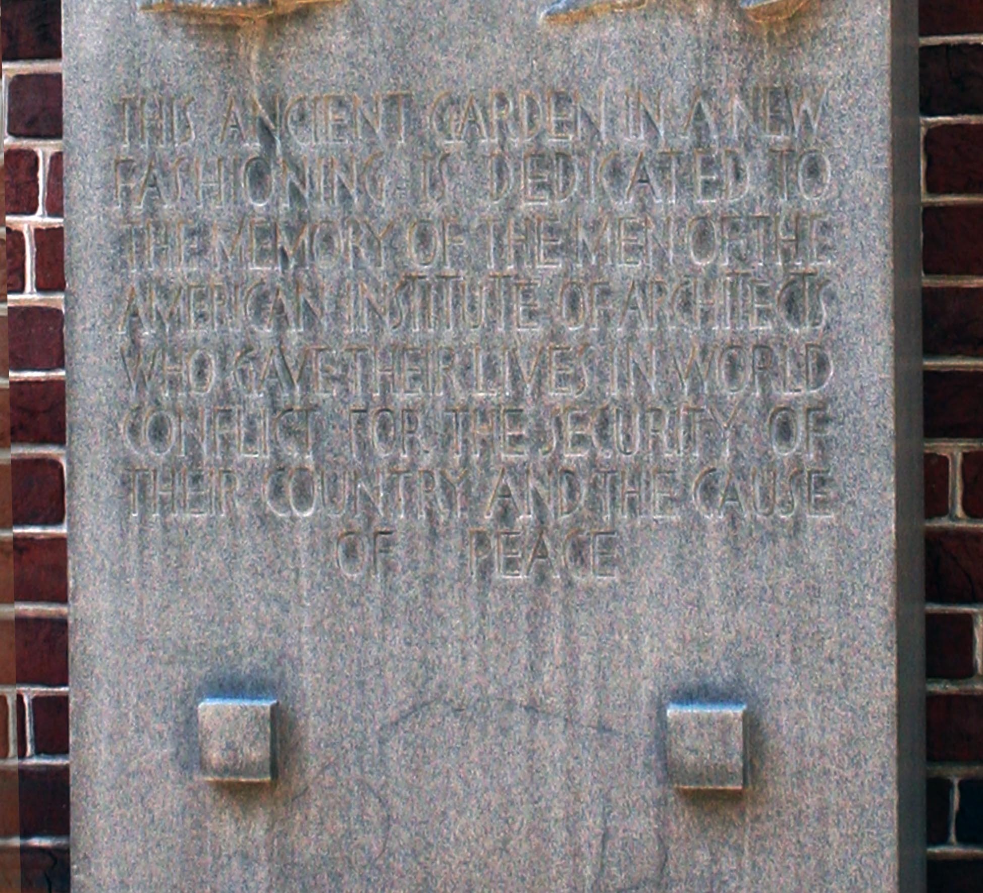 Photograph of the dedication inscription on the World War II Architects’ Monument.
