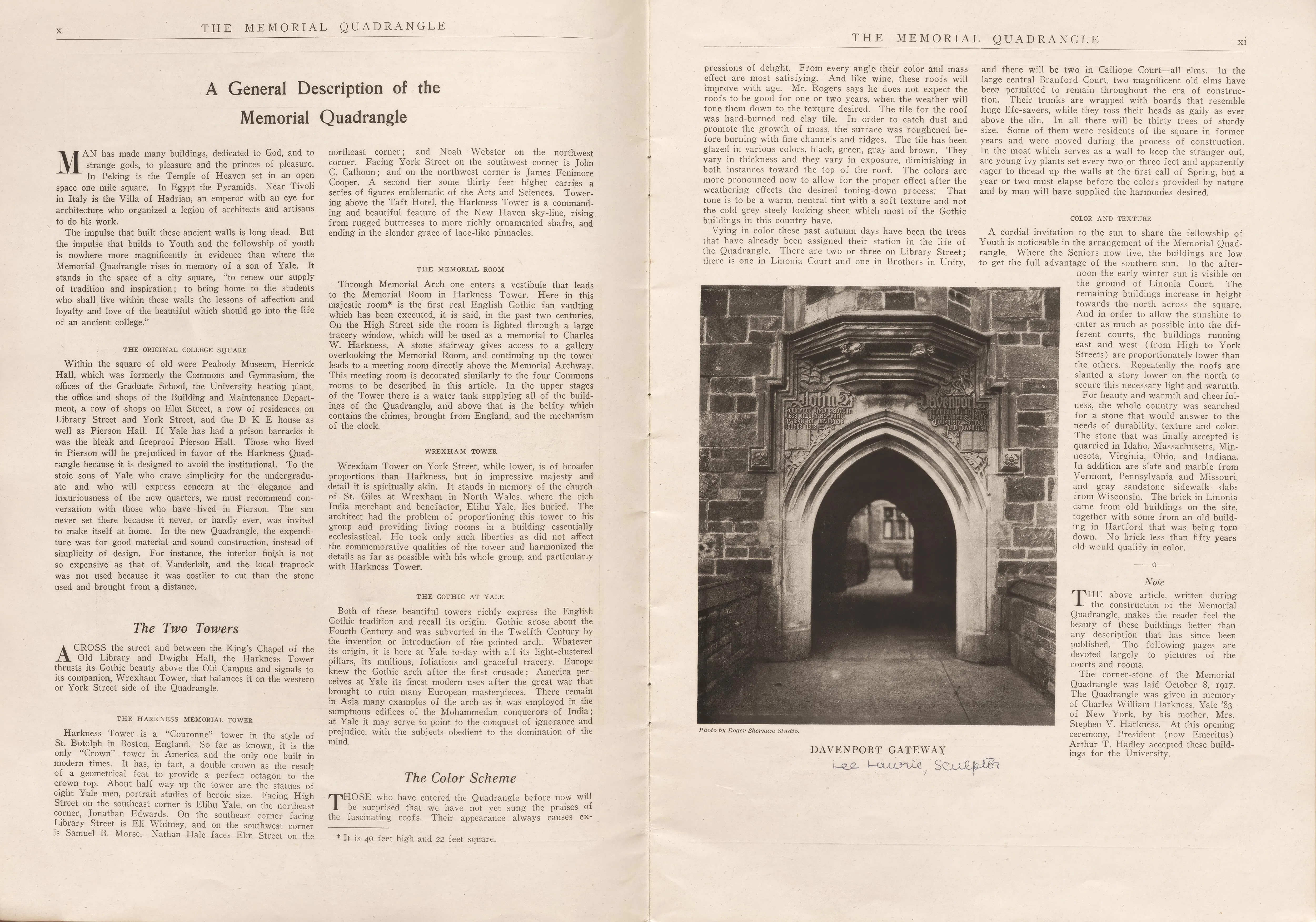 Photograph of Harkness Memorial Quadrangle. Sculpture and architectural detail for Yale’s Harkness Memorial Quadrangle.
