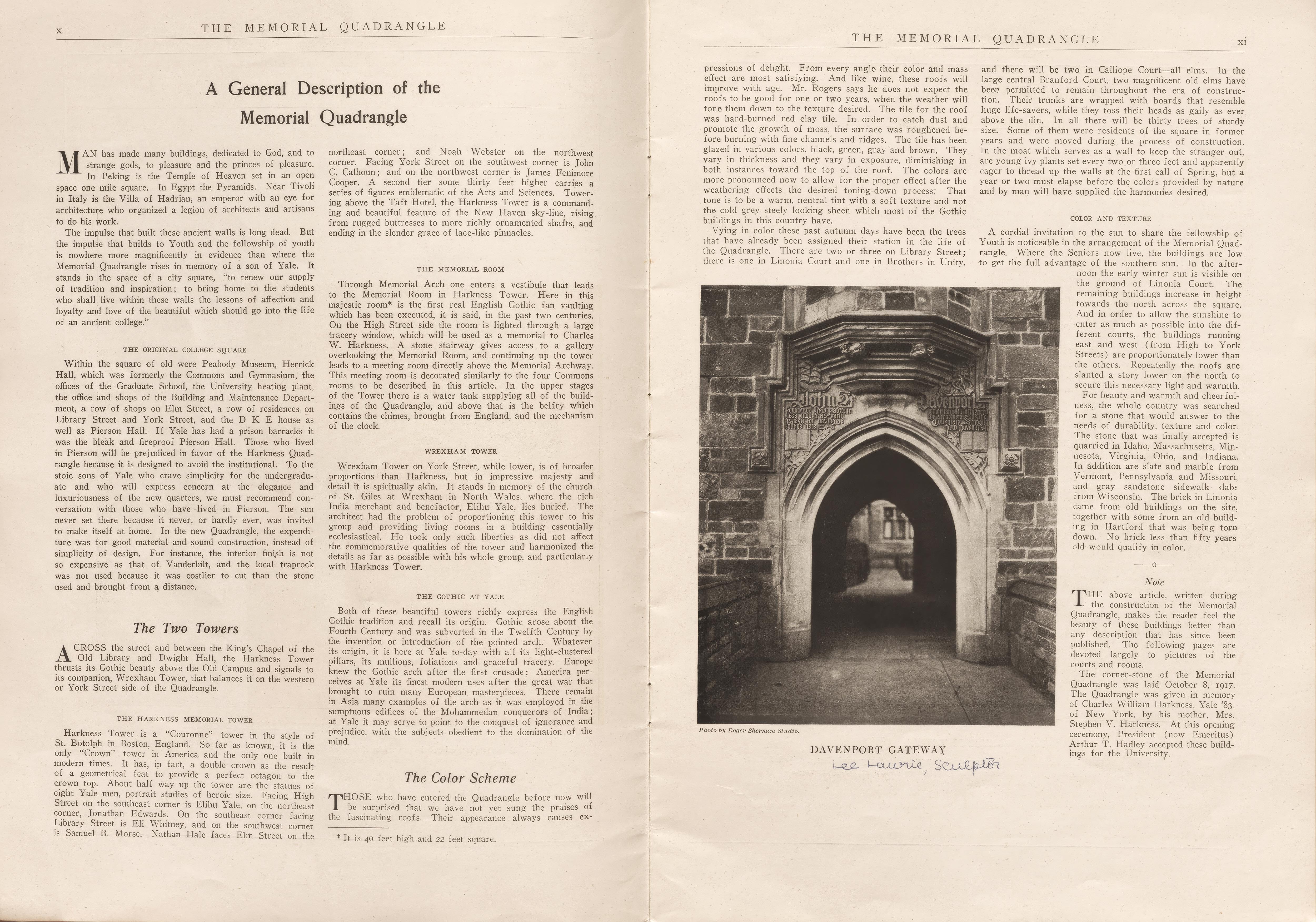 Photograph of Harkness Memorial Quadrangle. Sculpture and architectural detail for Yale’s Harkness Memorial Quadrangle.