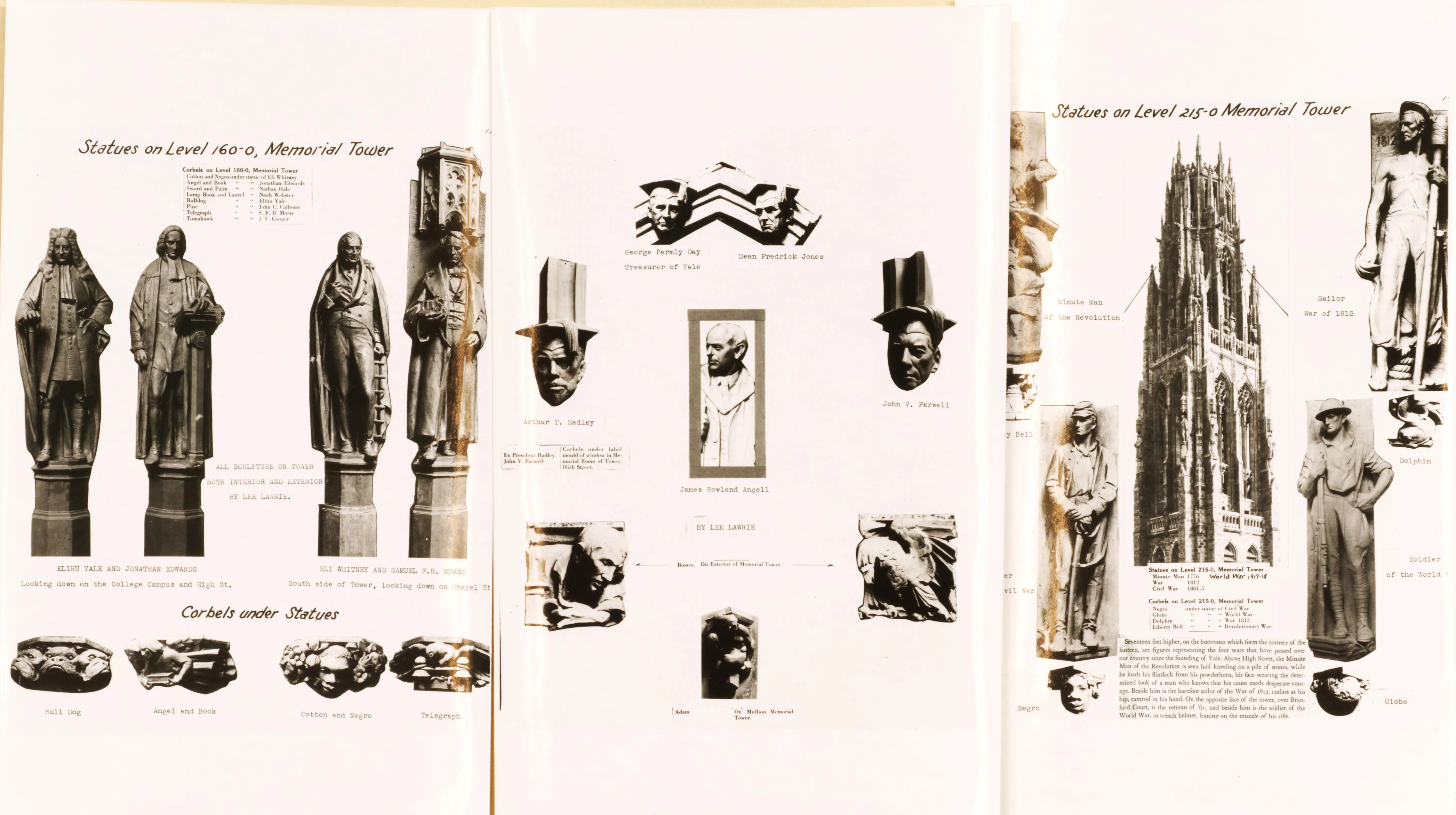 Photograph of Harkness Tower. Sculpture for Yale’s Harkness Memorial Tower, including figures and carved details.