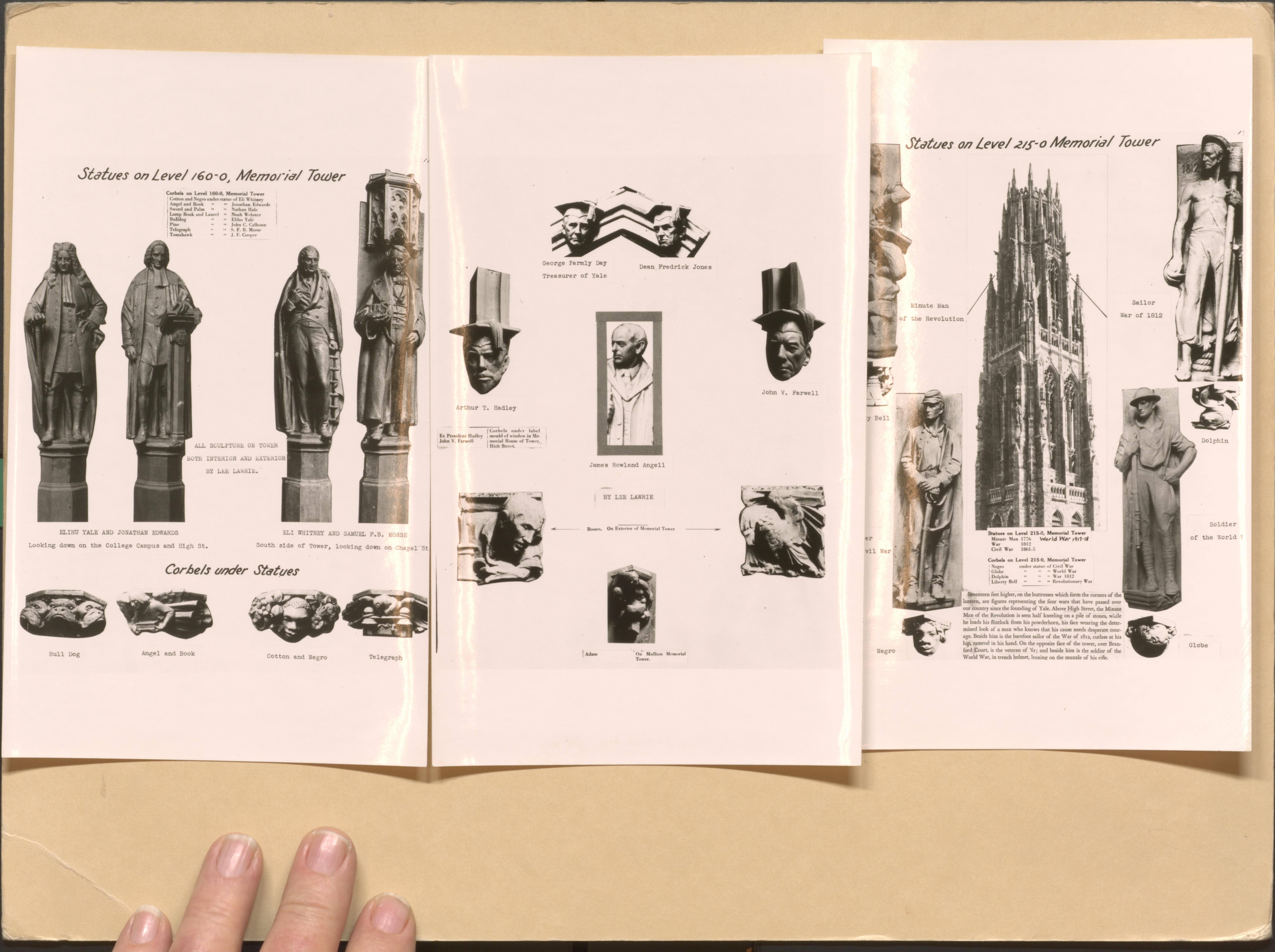 Reference booklet spread showing Lee Lawrie’s sculpture on Yale University’s Memorial Tower