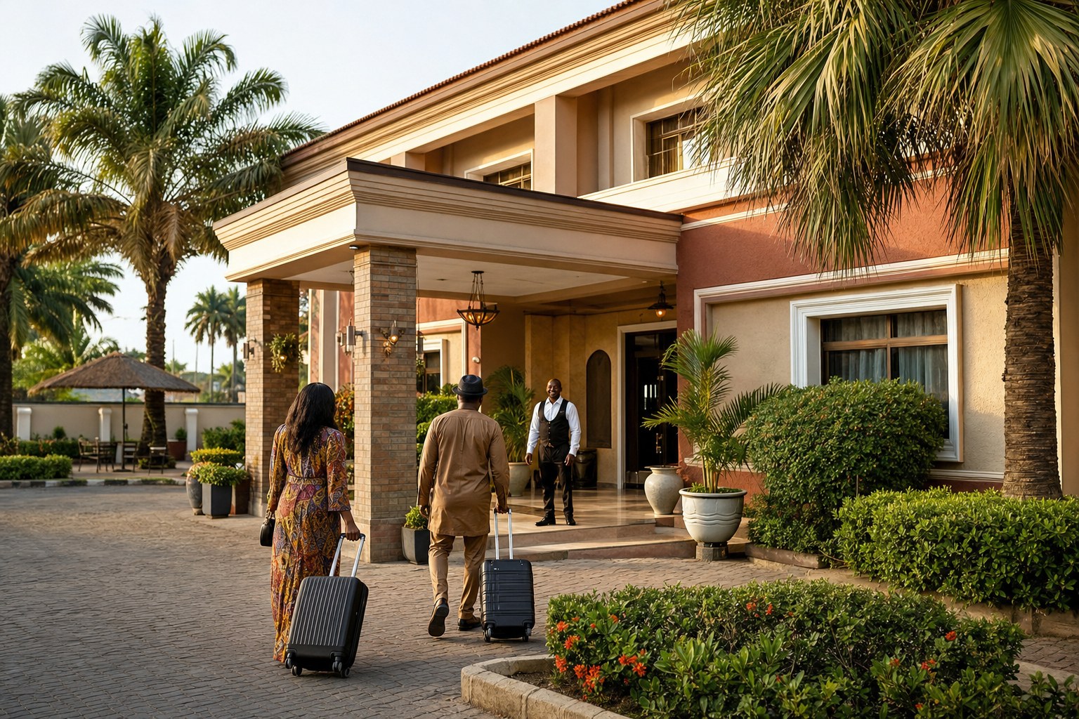Guests arriving at an independent hotel in Nigeria
