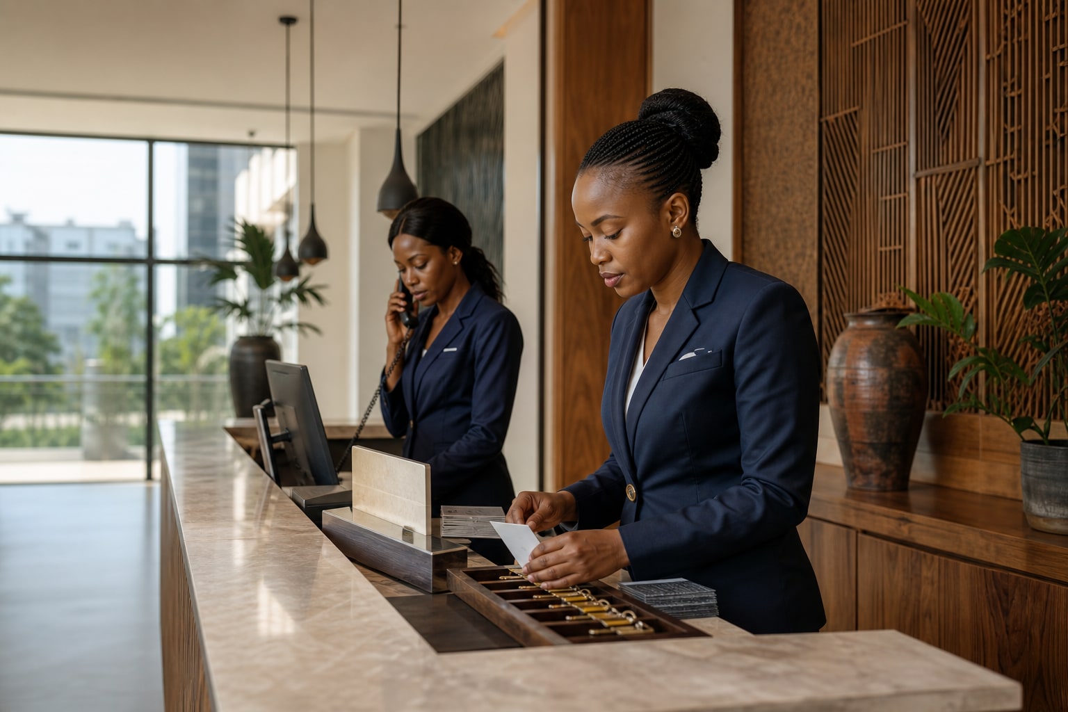 Hotel reception team managing daily operations in Nigeria