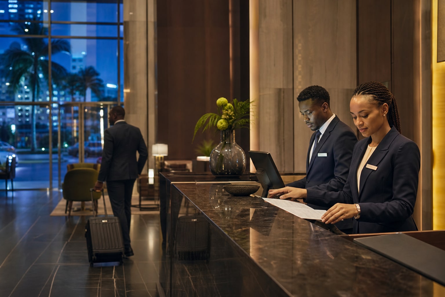 Hotel team welcoming a traveller in Nigeria