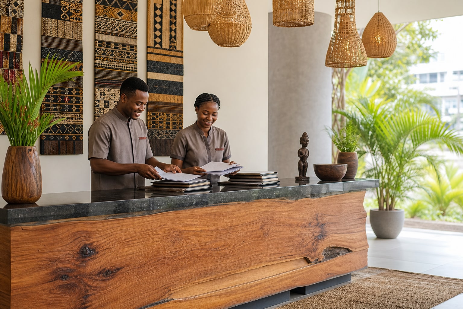 Hotel reception team reviewing arrivals together