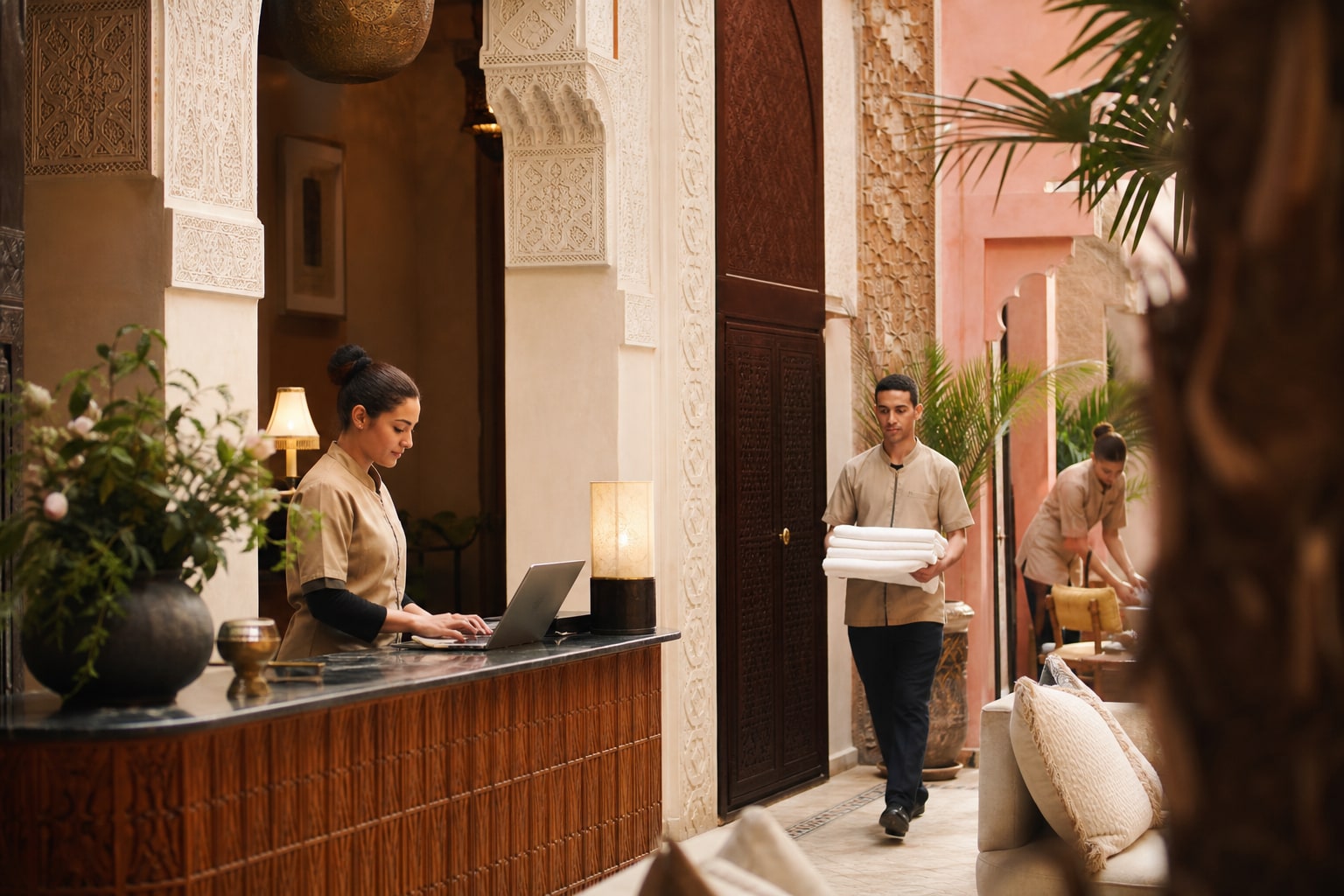 Illustrative boutique hotel arrival scene in Marrakech, Morocco