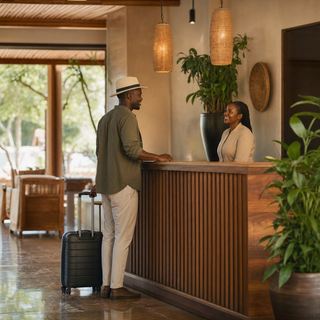 Guest checking in at a contemporary hotel reception