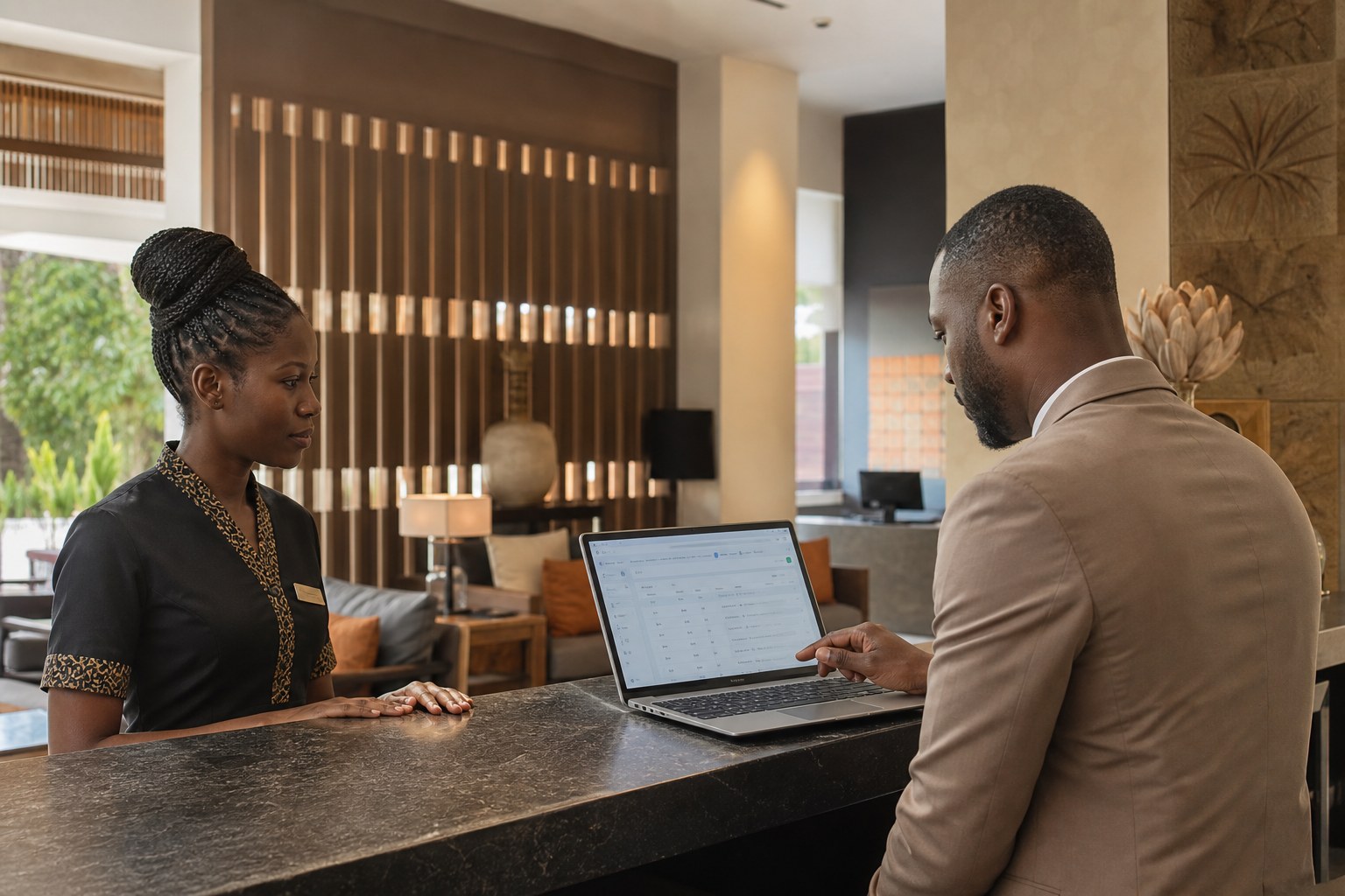 Hotel manager reviewing an operational record at reception
