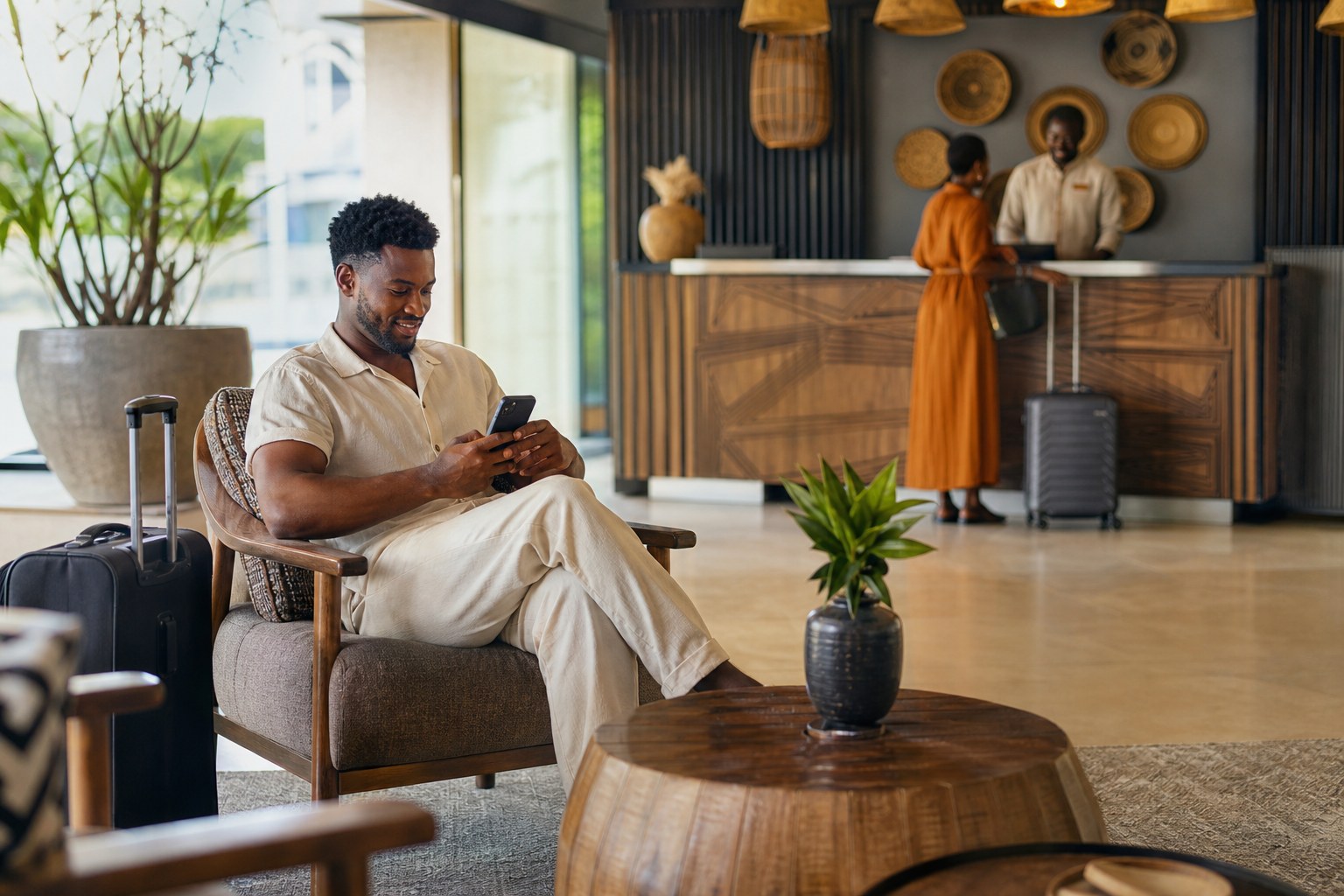 Traveller making a direct hotel booking on a smartphone