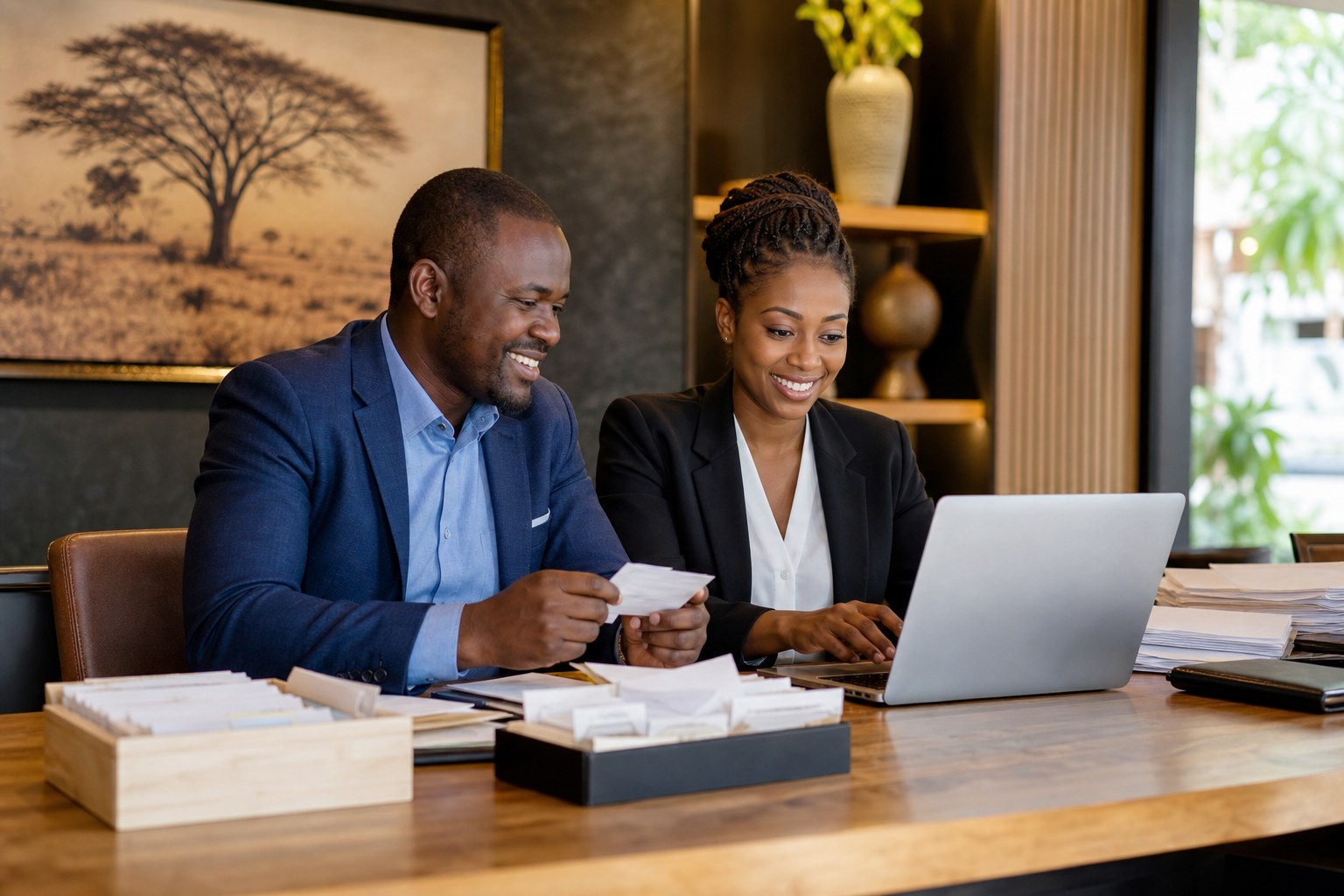 Hotel owner and onboarding specialist preparing reservation records