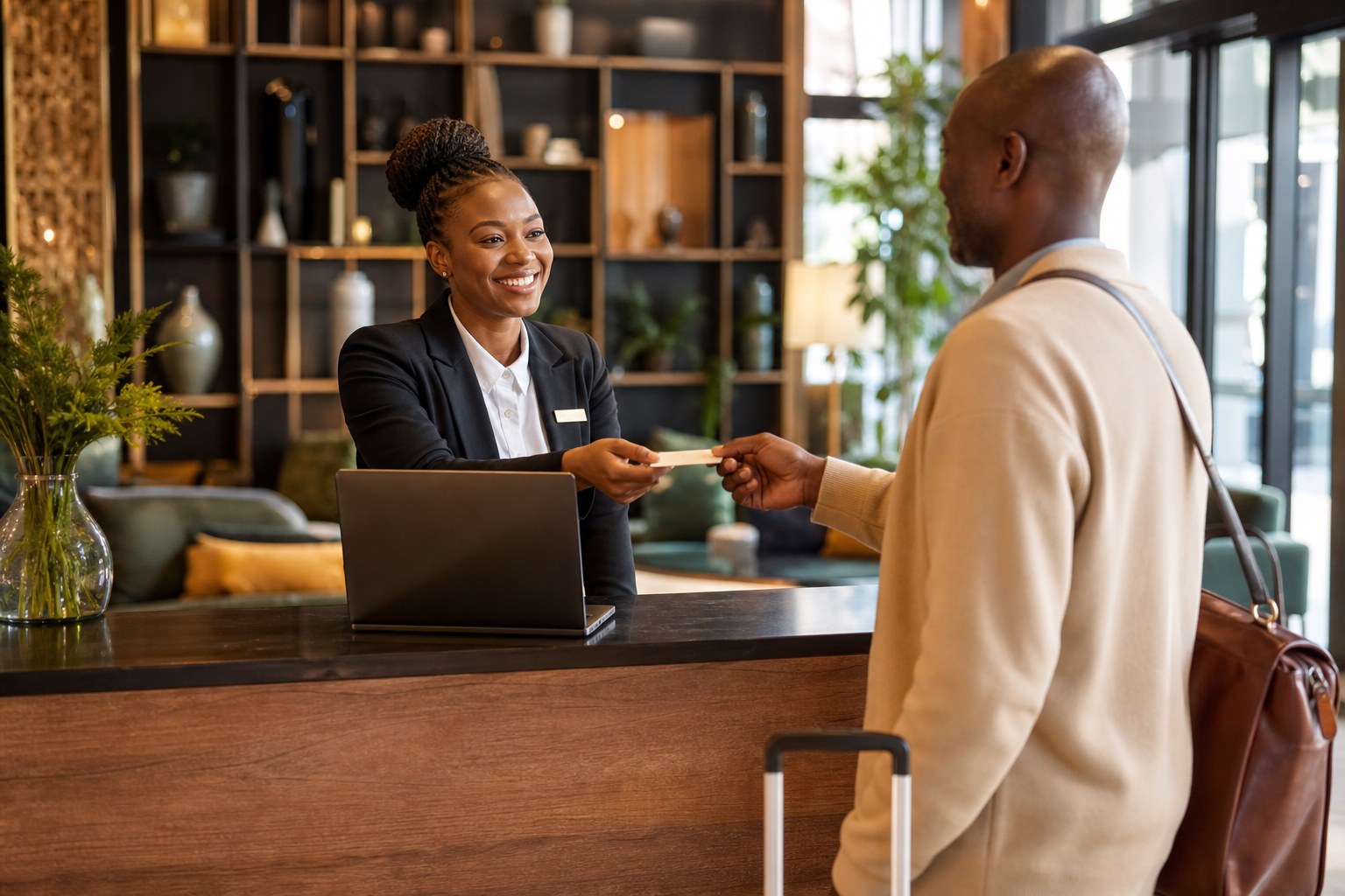 Hotel receptionist welcoming an arriving guest