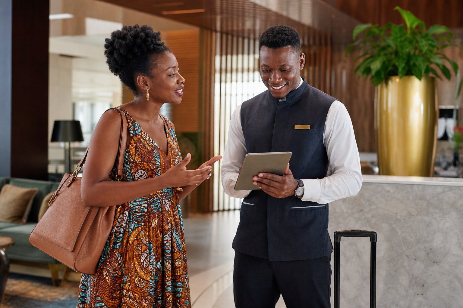 Hotel concierge responding to a guest request with a tablet