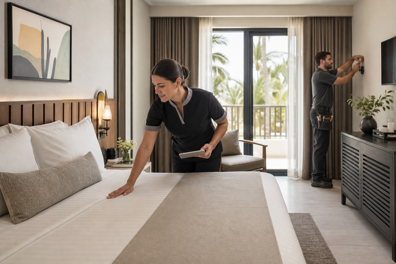 Hotel housekeeping and maintenance team preparing a guest room