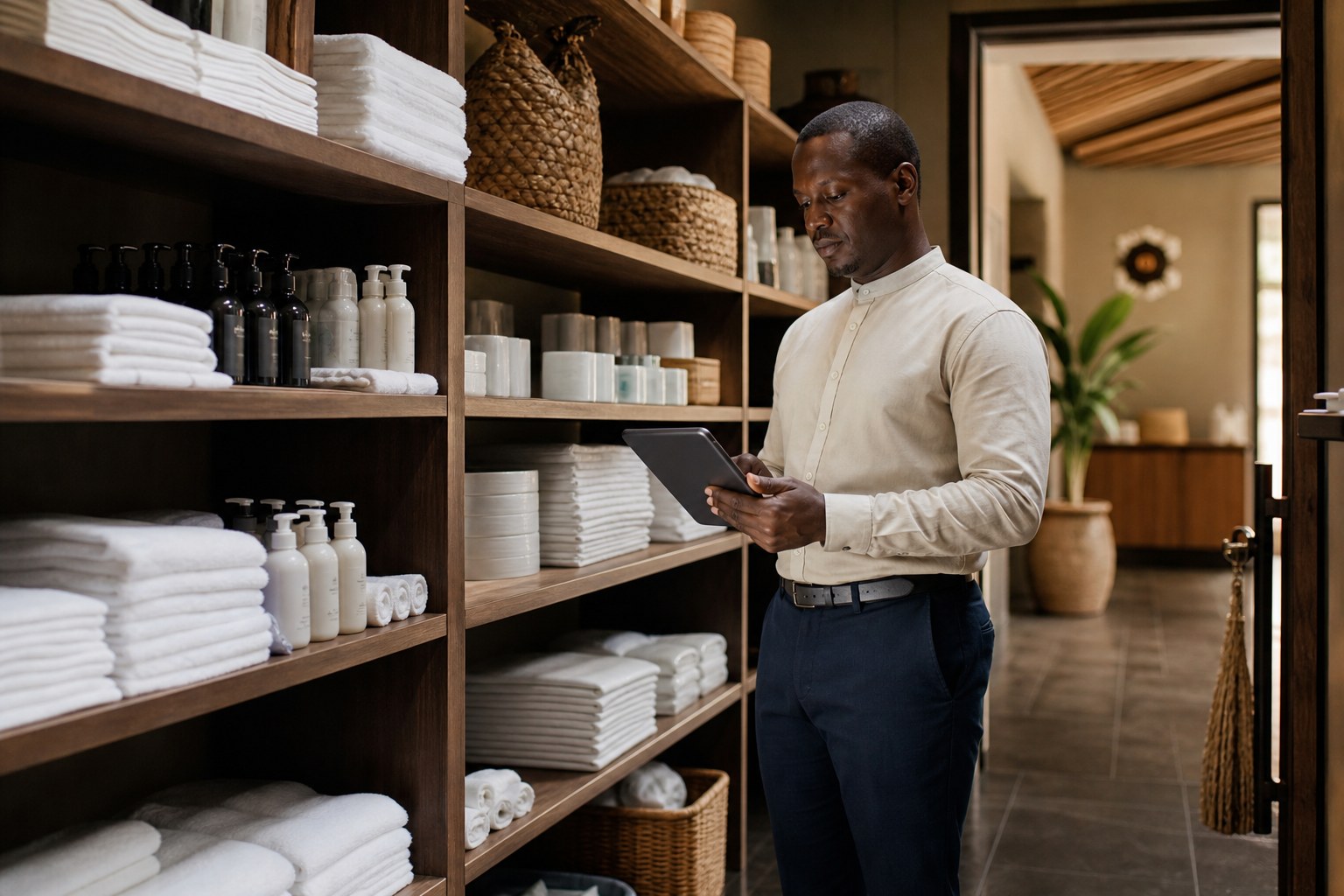 Hotel manager checking linen and amenities inventory