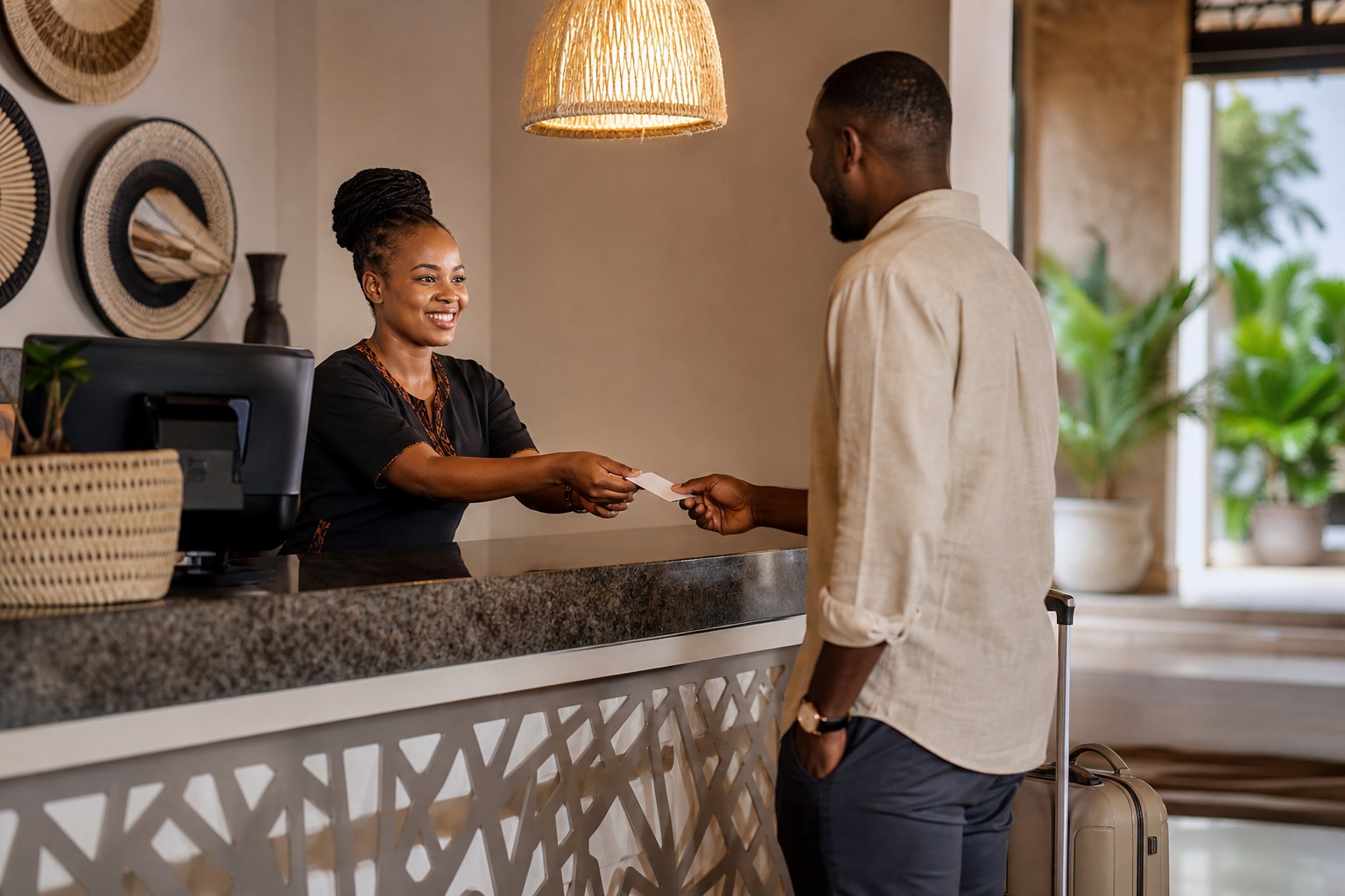 Hotel receptionist issuing a keycard to an arriving guest
