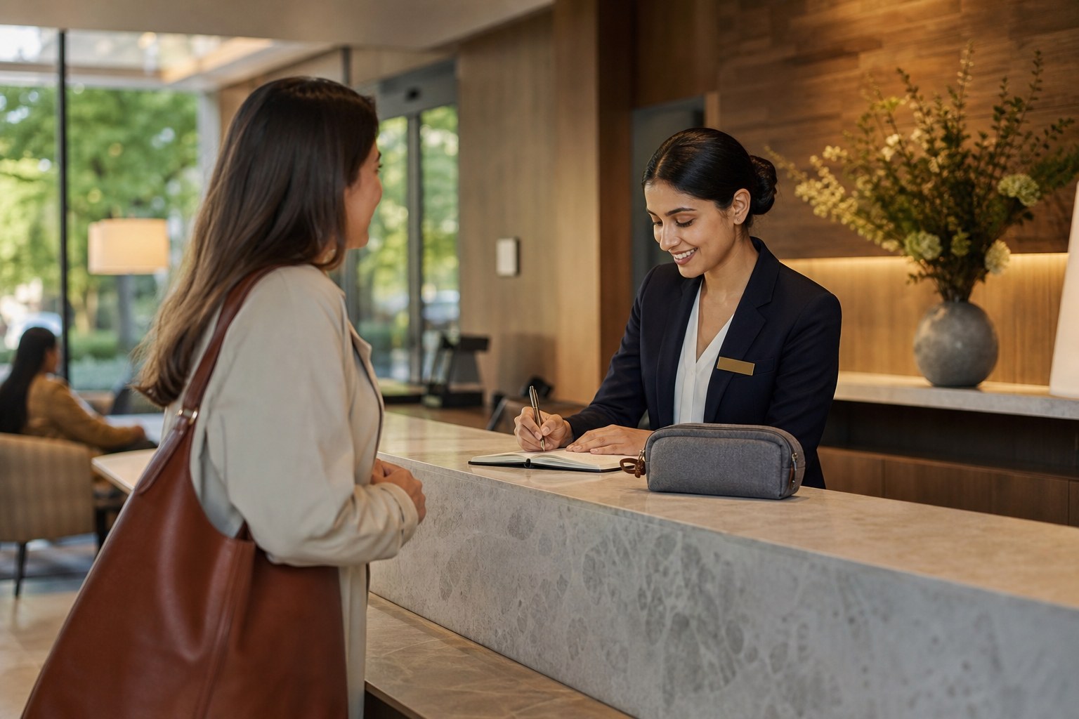Hotel staff member recording a guest lost item at reception