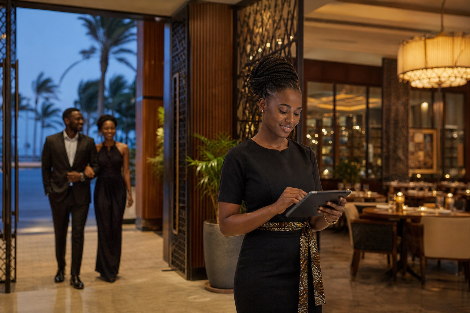 Restaurant host coordinating hotel dining reservations