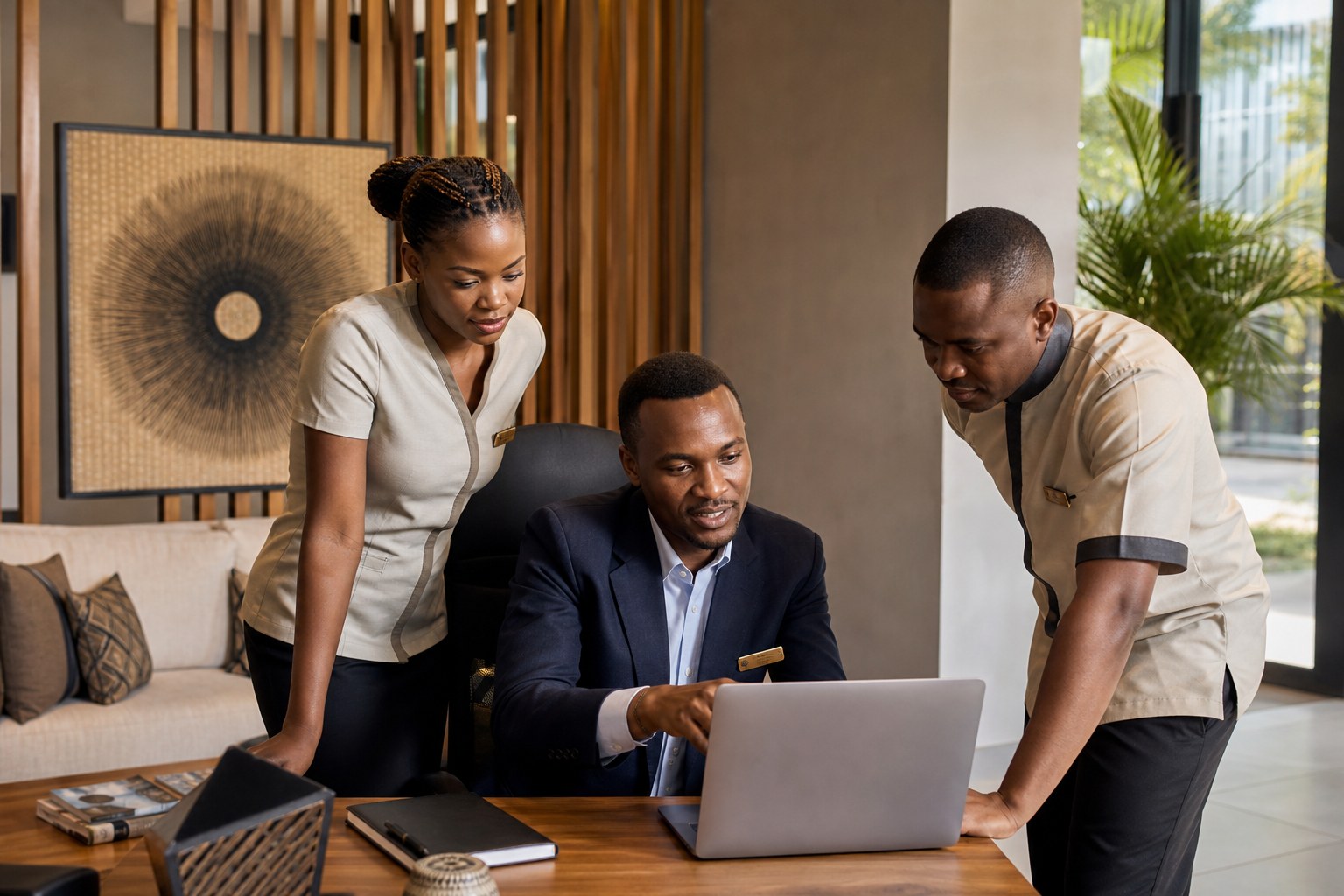 Hotel manager setting staff access with team members