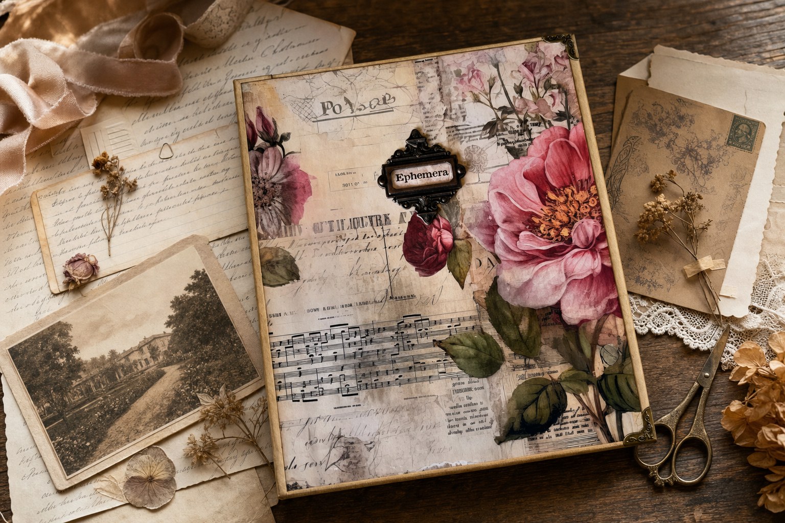 Vintage botanical ephemera album arranged with old letters, a faded photograph, pressed flowers, lace, and antique scissors