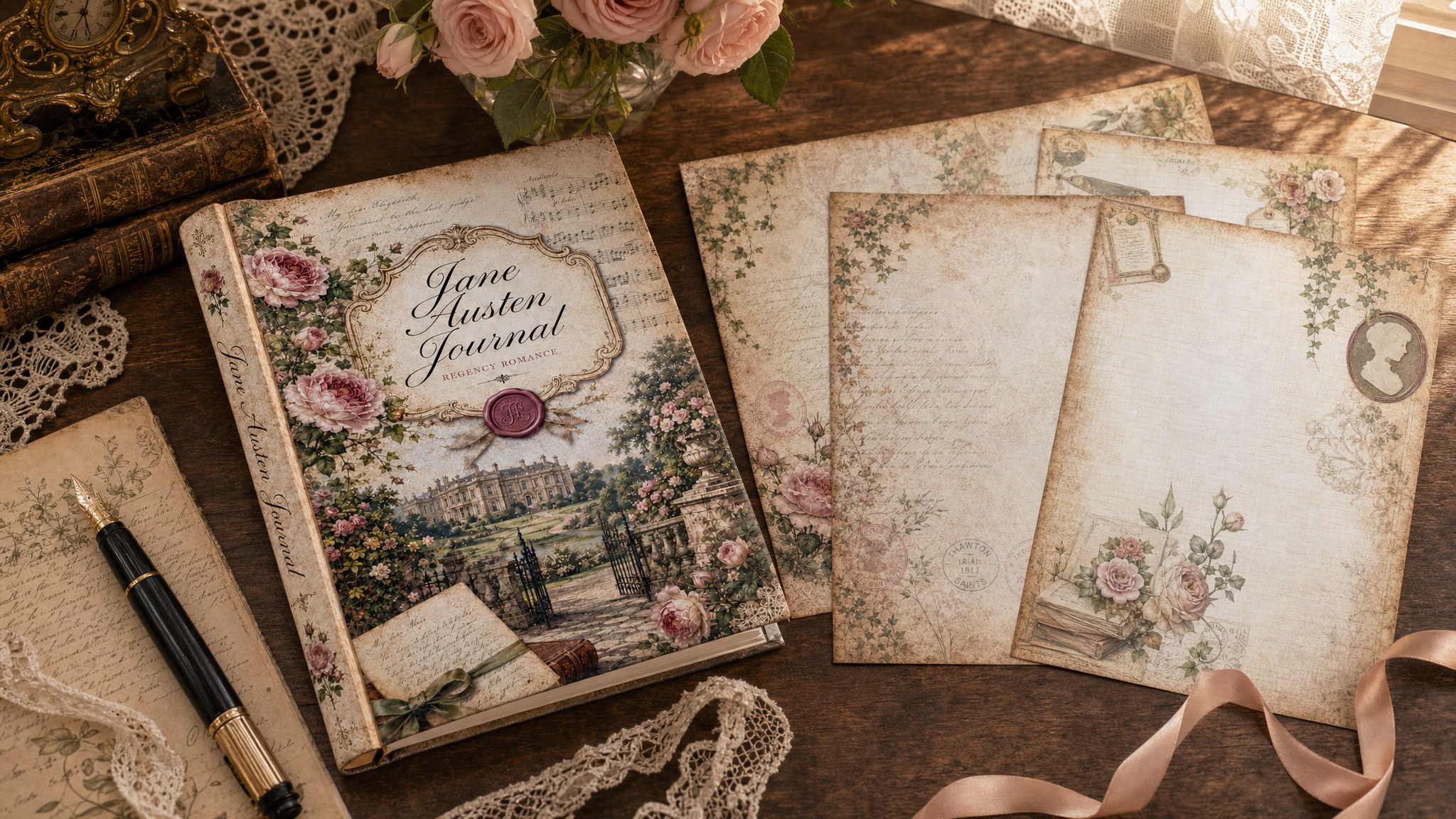 Dear Jane Regency Journal cover with coordinating printable pages, roses, lace, and a fountain pen