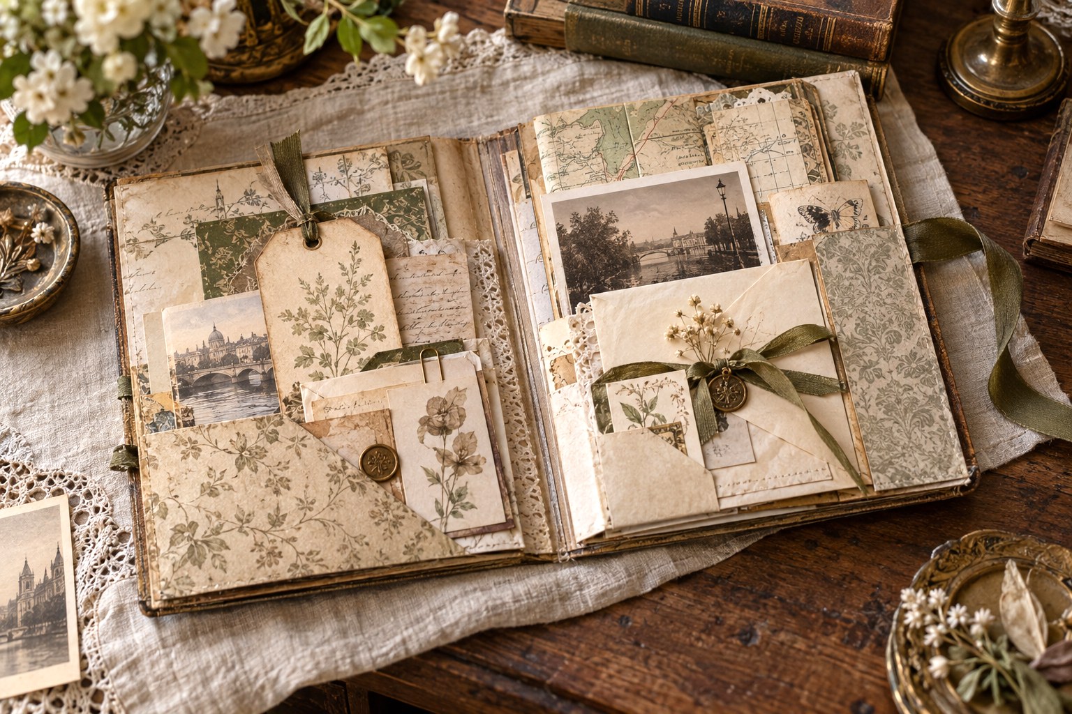 An open ephemera folio filled with botanical papers, envelopes, postcards, tags, and ribbon